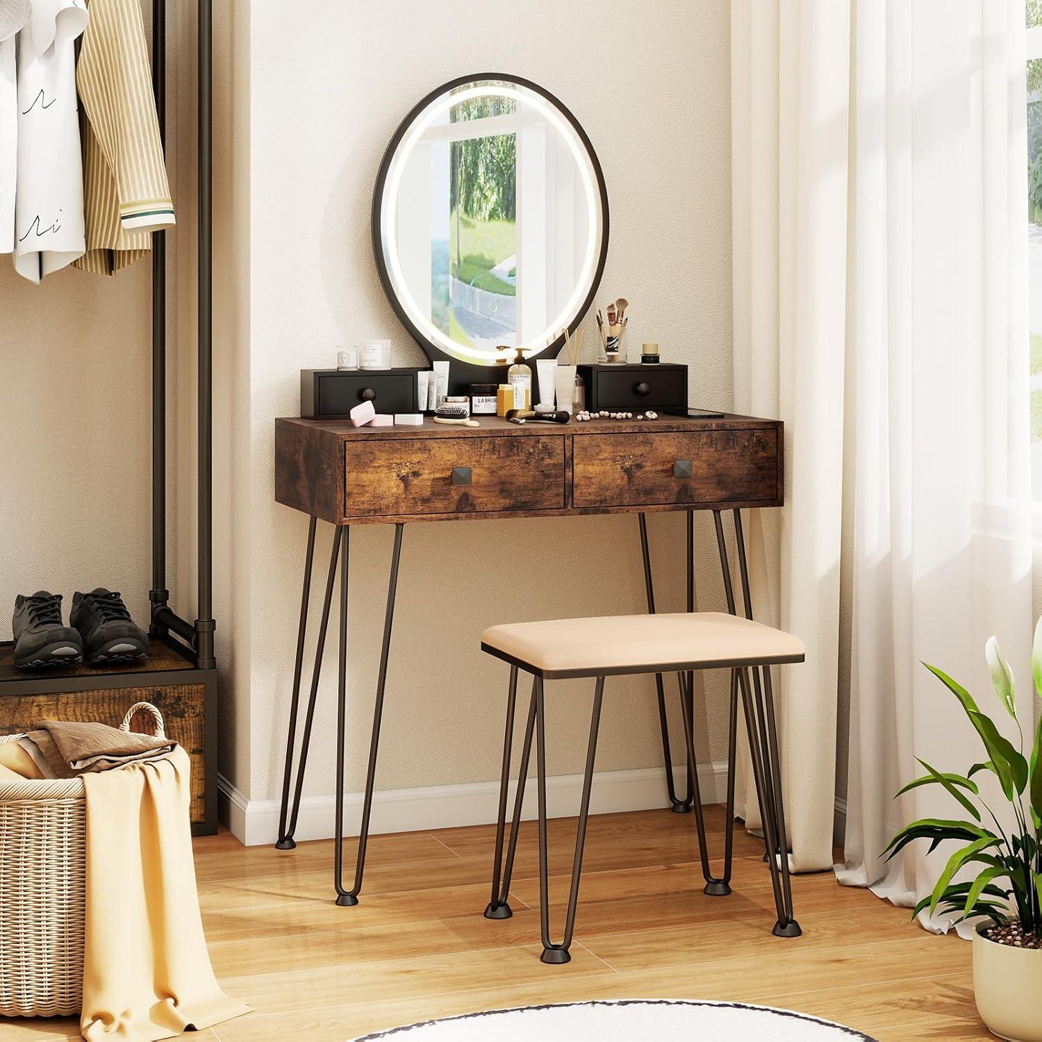 image:imageCHARMAID Makeup Vanity Table with Lighted Mirror 3 Lighting Sets Adjustable Brightness 2 Large Drawers Acrylic Storage Boxes Girls Bedroom Dressing Table Vanity Set with Stool Rustic BrownRustic Brown