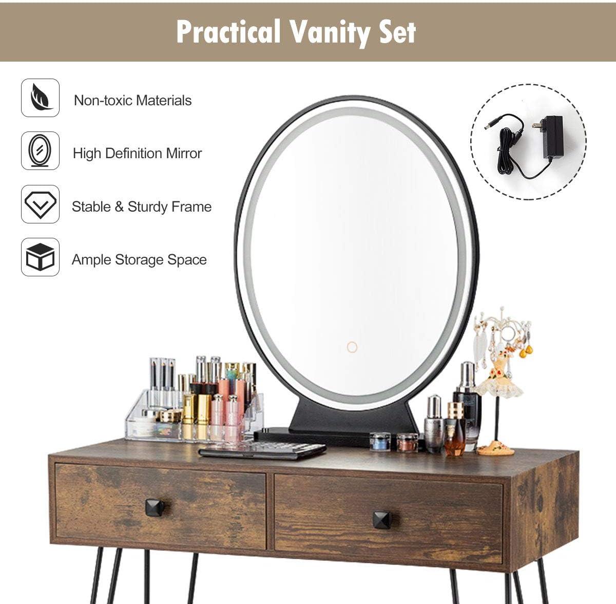 image:imageCHARMAID Makeup Vanity Table with Lighted Mirror 3 Lighting Sets Adjustable Brightness 2 Large Drawers Acrylic Storage Boxes Girls Bedroom Dressing Table Vanity Set with Stool Rustic BrownRustic Brown