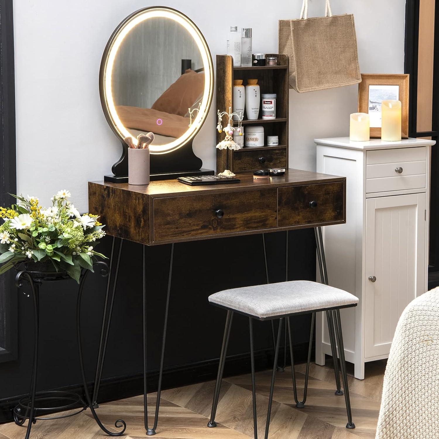 image:imageCHARMAID Makeup Vanity Table with Lighted Mirror 3 Lighting Sets Adjustable Brightness 2 Large Drawers Acrylic Storage Boxes Girls Bedroom Dressing Table Vanity Set with Stool Rustic BrownRustic Brown