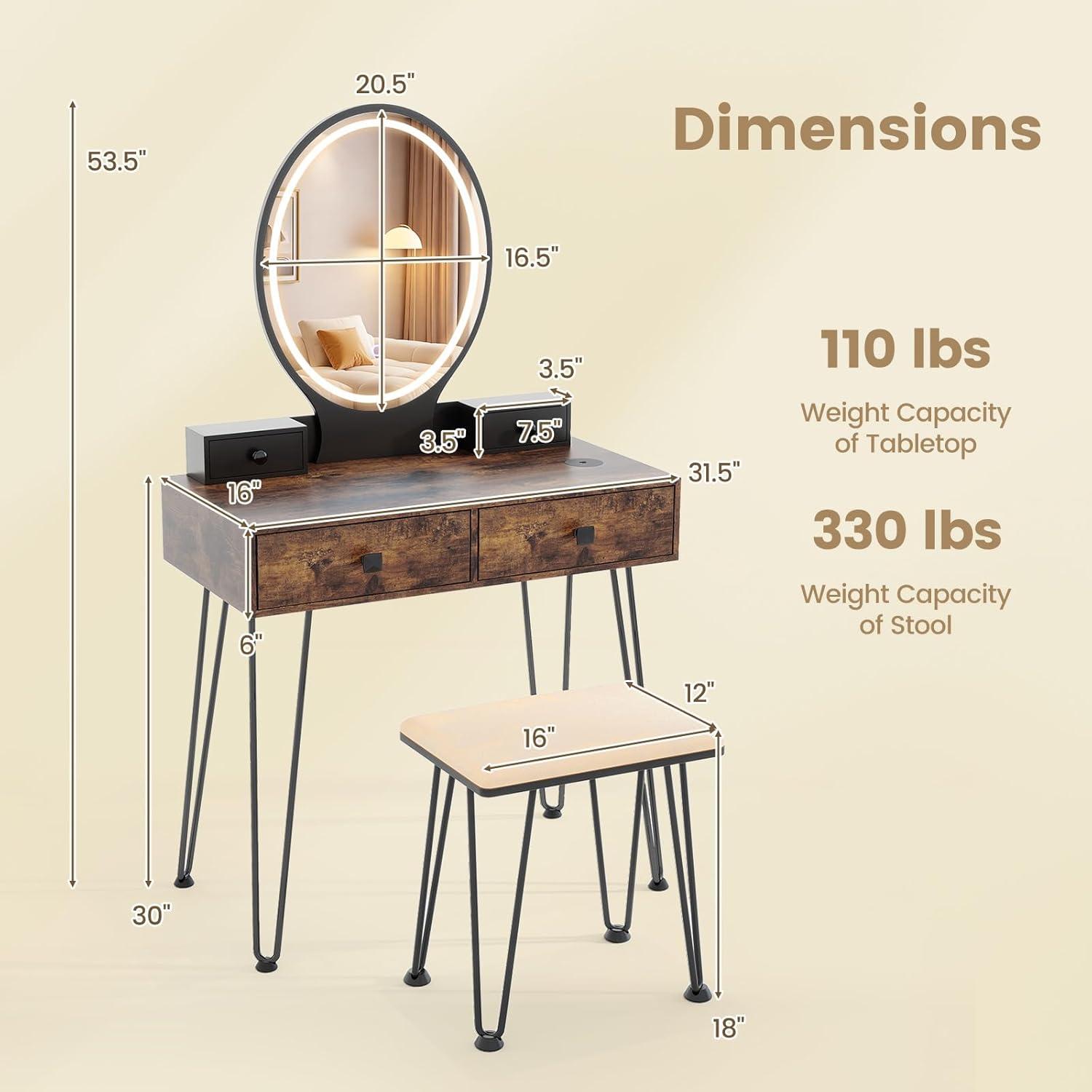 image:imageCHARMAID Makeup Vanity Table with Lighted Mirror 3 Lighting Sets Adjustable Brightness 2 Large Drawers Acrylic Storage Boxes Girls Bedroom Dressing Table Vanity Set with Stool Rustic BrownRustic Brown