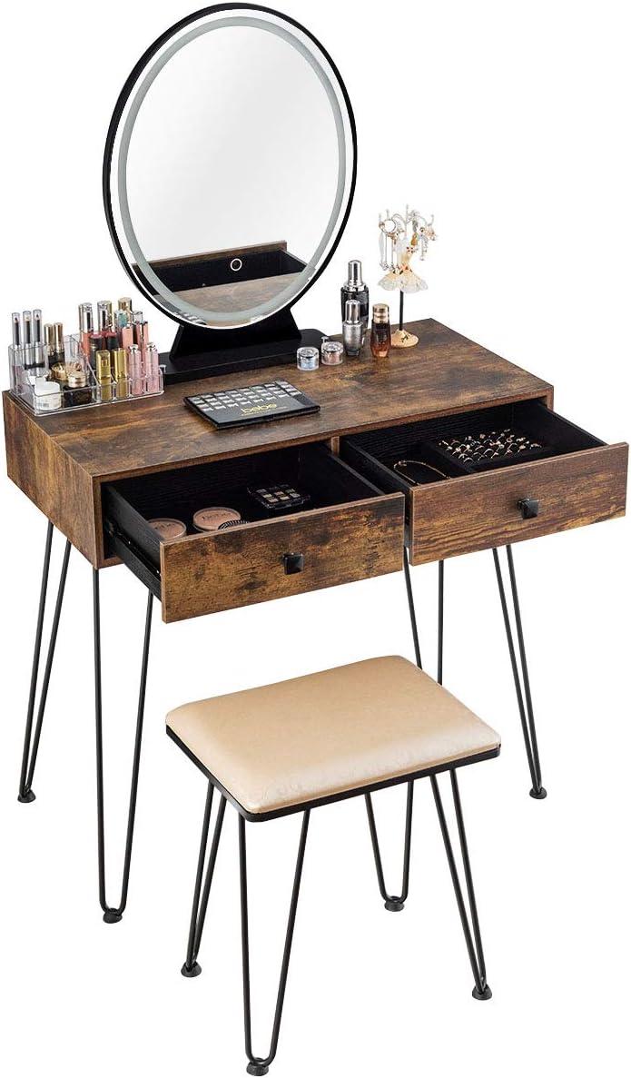 image:imageCHARMAID Makeup Vanity Table with Lighted Mirror 3 Lighting Sets Adjustable Brightness 2 Large Drawers Acrylic Storage Boxes Girls Bedroom Dressing Table Vanity Set with Stool Rustic BrownRustic Brown