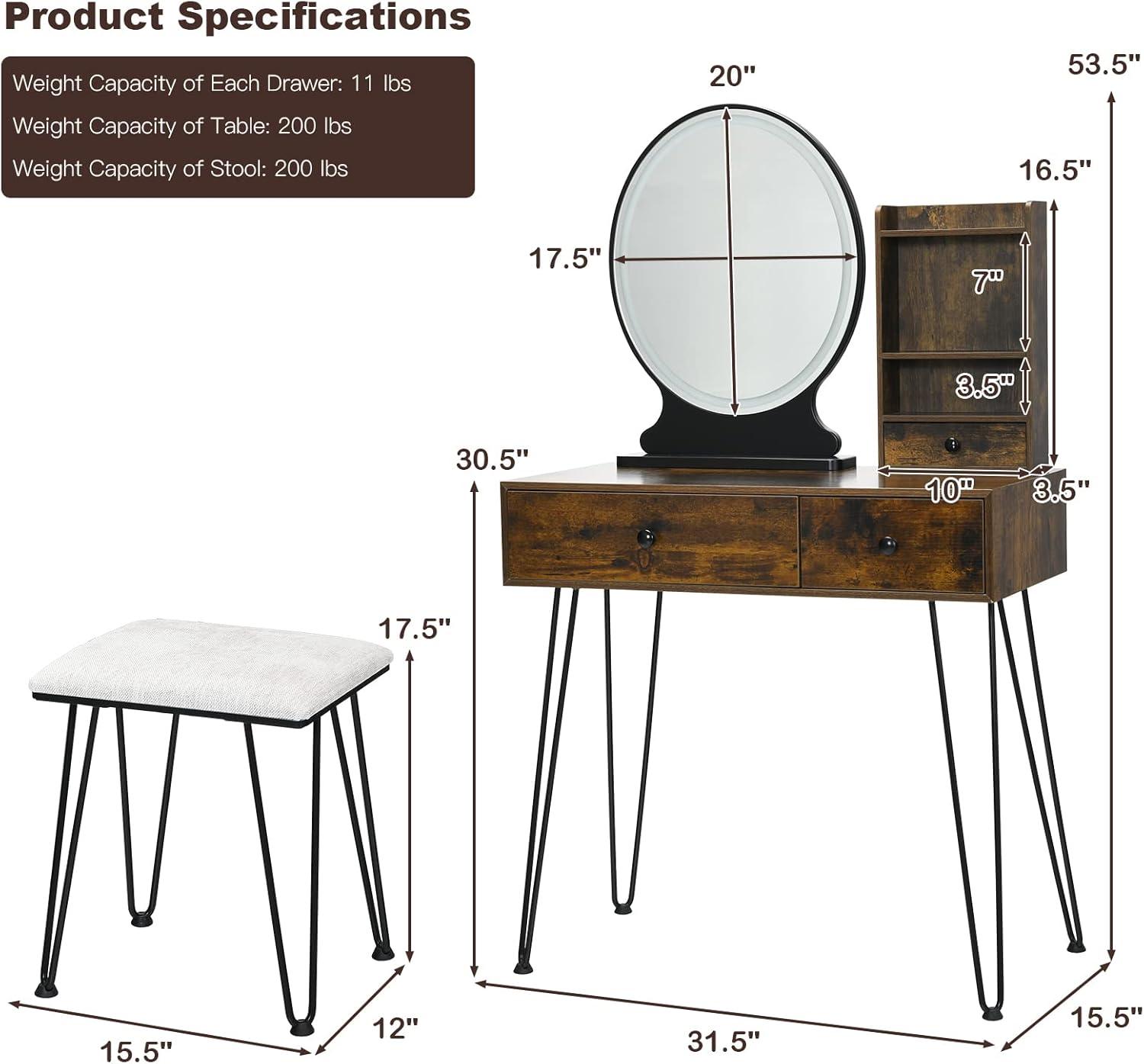 image:imageCHARMAID Makeup Vanity Table with Lighted Mirror 3 Lighting Sets Adjustable Brightness 2 Large Drawers Acrylic Storage Boxes Girls Bedroom Dressing Table Vanity Set with Stool Rustic BrownRustic Brown