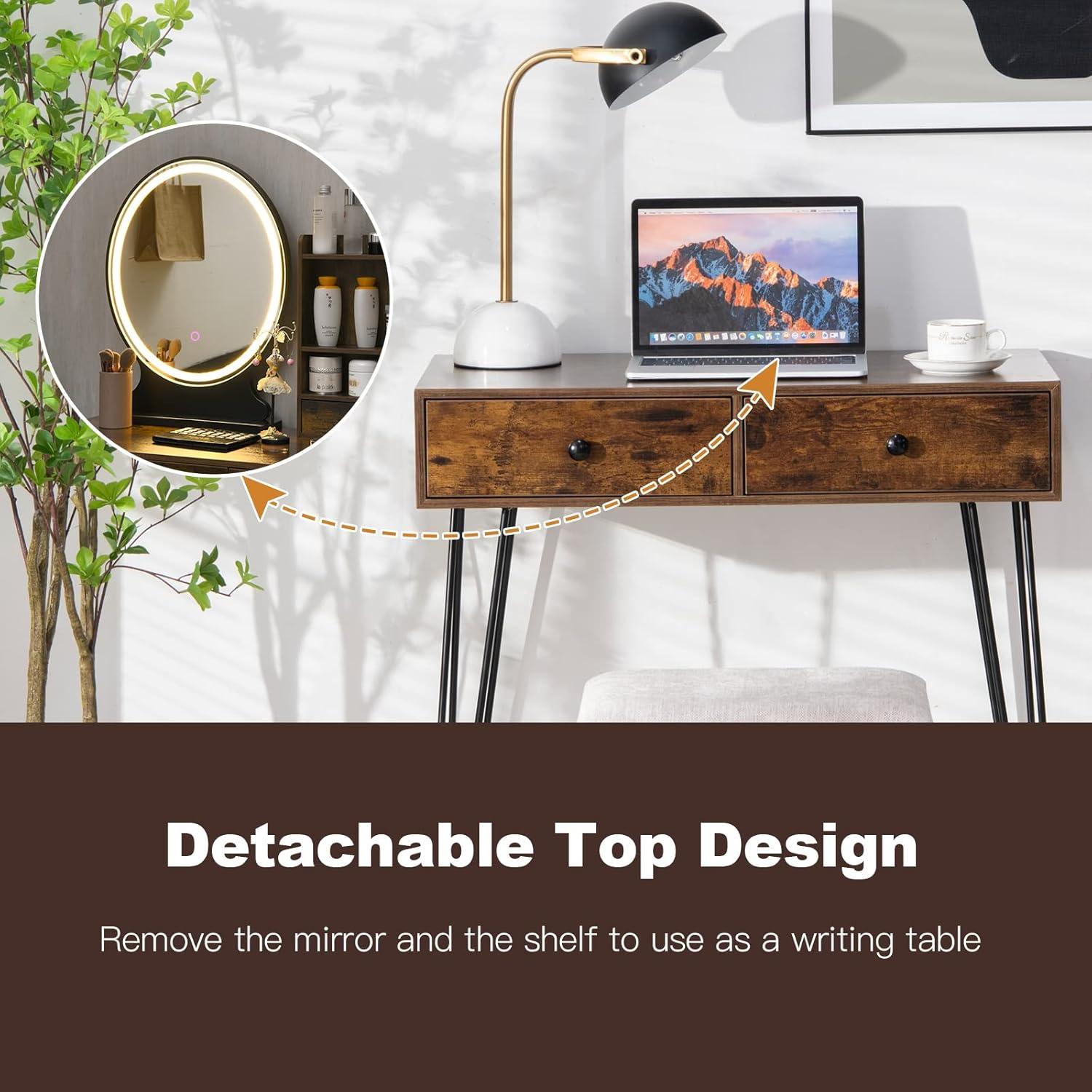 image:imageCHARMAID Makeup Vanity Table with Lighted Mirror 3 Lighting Sets Adjustable Brightness 2 Large Drawers Acrylic Storage Boxes Girls Bedroom Dressing Table Vanity Set with Stool Rustic BrownRustic Brown