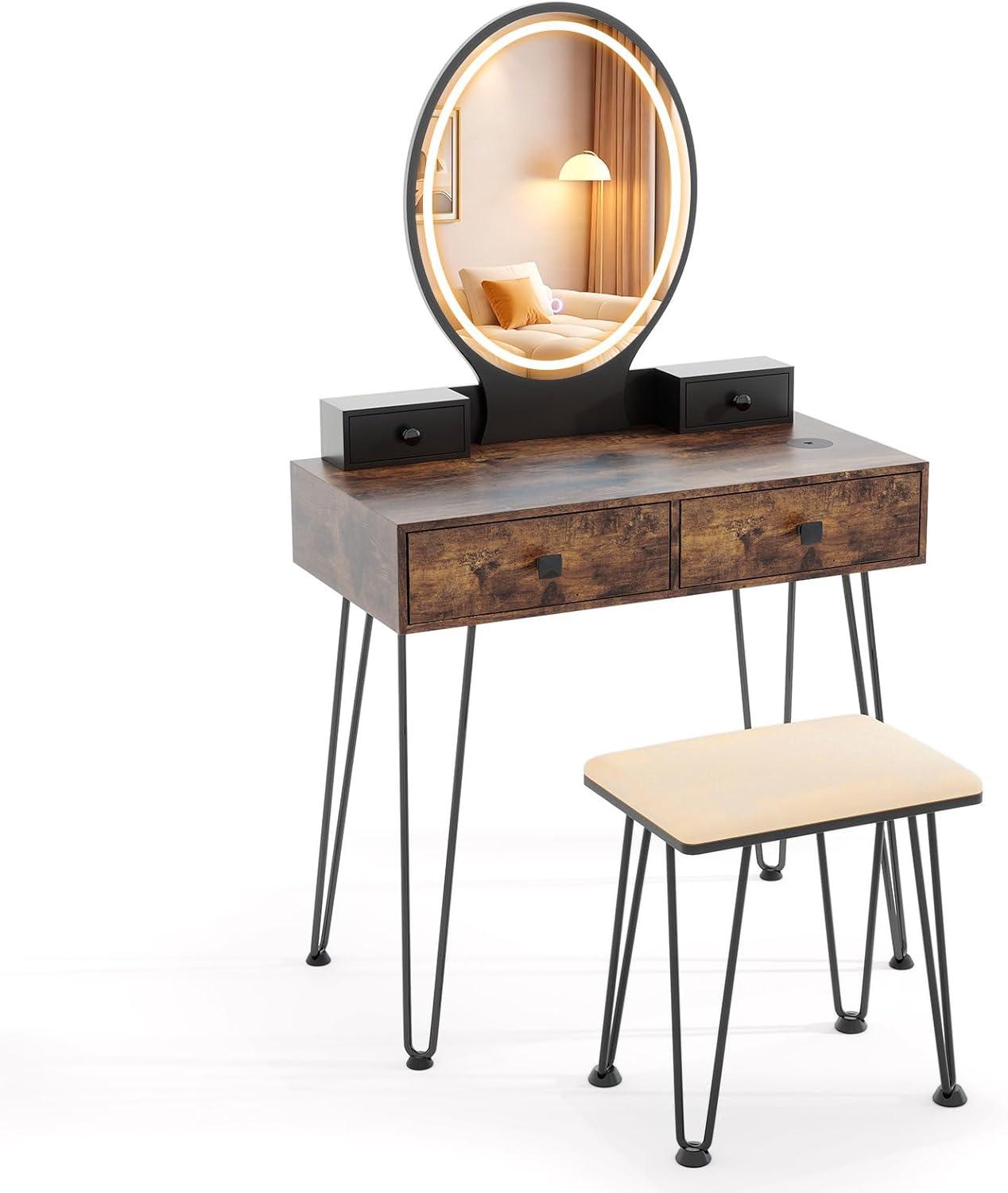 image:imageCHARMAID Makeup Vanity Table with Lighted Mirror 3 Lighting Sets Adjustable Brightness 2 Large Drawers Acrylic Storage Boxes Girls Bedroom Dressing Table Vanity Set with Stool Rustic BrownRustic Brown