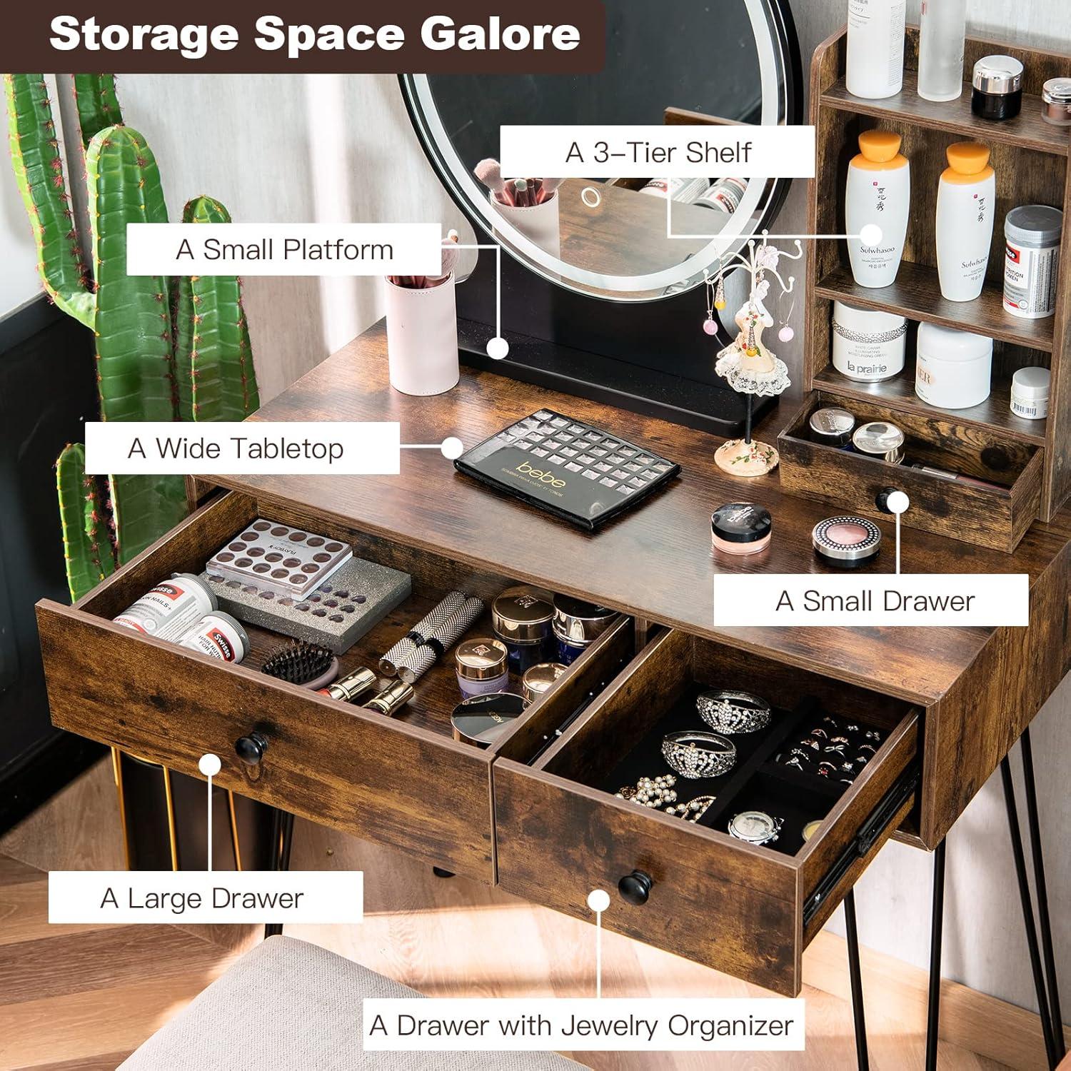 image:imageCHARMAID Makeup Vanity Table with Lighted Mirror 3 Lighting Sets Adjustable Brightness 2 Large Drawers Acrylic Storage Boxes Girls Bedroom Dressing Table Vanity Set with Stool Rustic BrownRustic Brown
