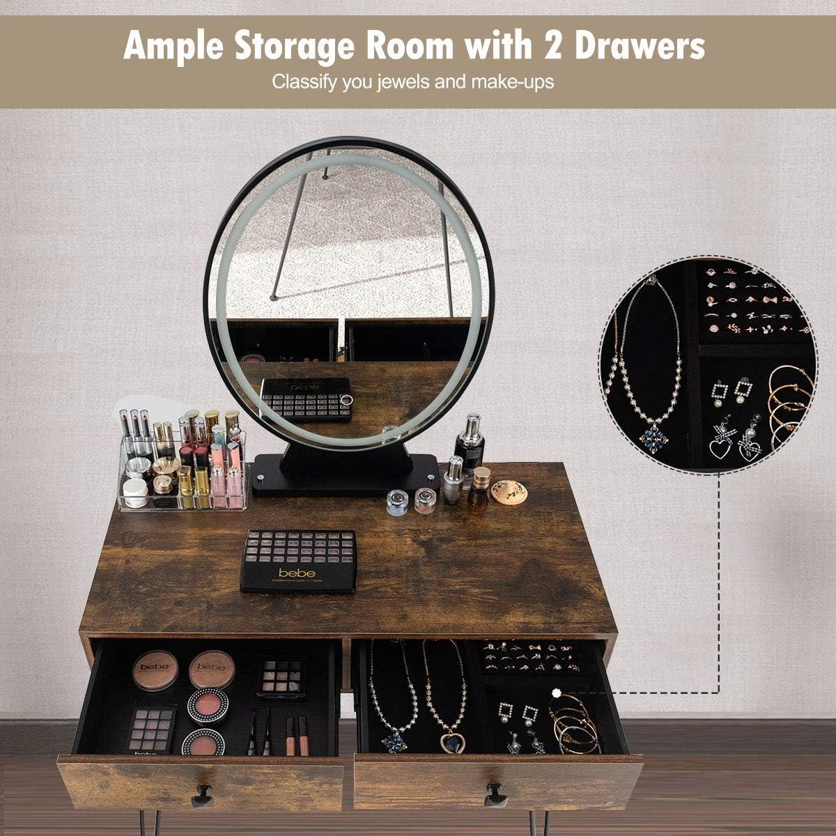 image:imageCHARMAID Makeup Vanity Table with Lighted Mirror 3 Lighting Sets Adjustable Brightness 2 Large Drawers Acrylic Storage Boxes Girls Bedroom Dressing Table Vanity Set with Stool Rustic BrownRustic Brown