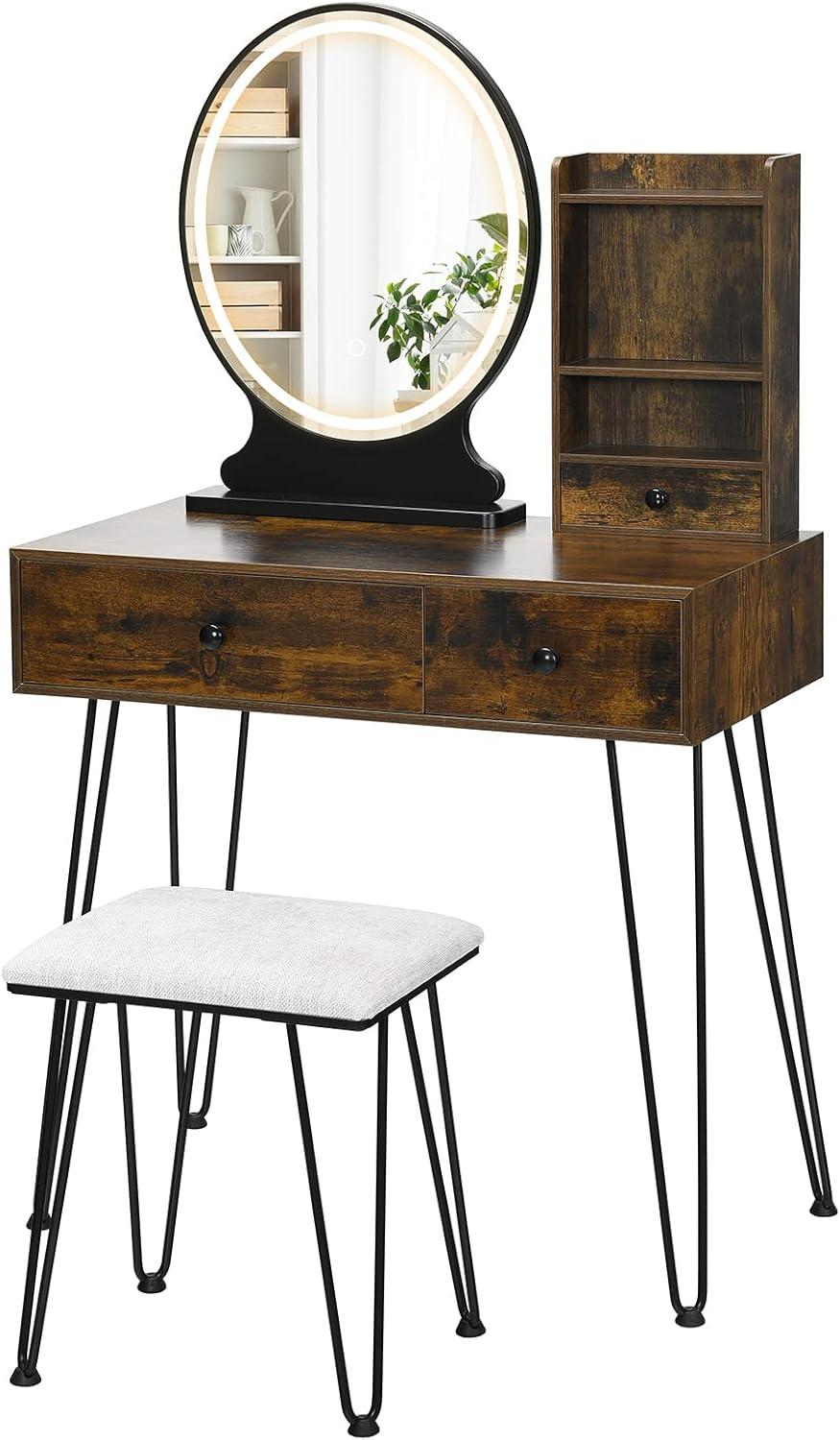 image:imageCHARMAID Makeup Vanity Table with Lighted Mirror 3 Lighting Sets Adjustable Brightness 2 Large Drawers Acrylic Storage Boxes Girls Bedroom Dressing Table Vanity Set with Stool Rustic BrownRustic Brown