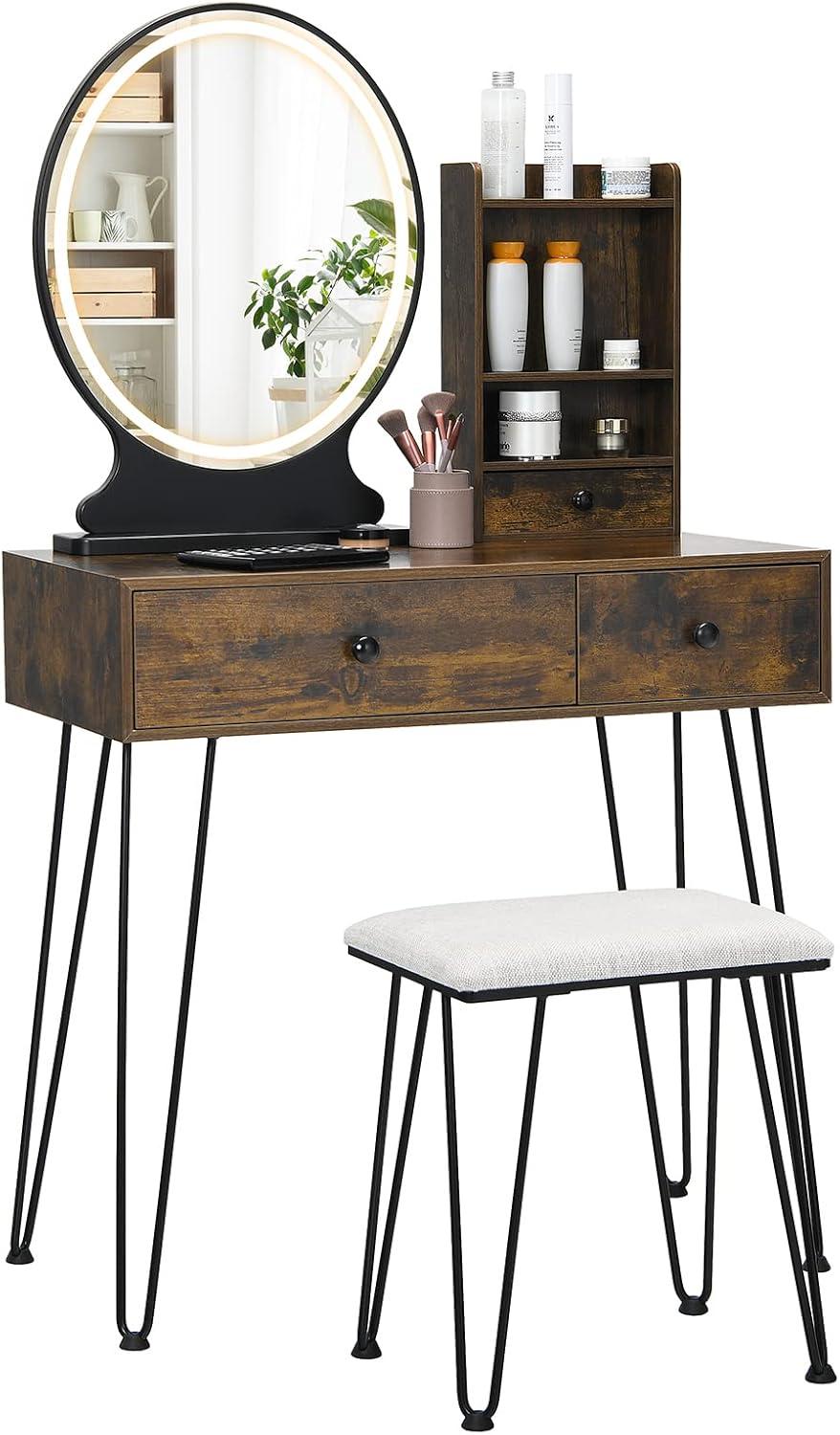 image:imageCHARMAID Makeup Vanity Table with Lighted Mirror 3 Lighting Sets Adjustable Brightness 2 Large Drawers Acrylic Storage Boxes Girls Bedroom Dressing Table Vanity Set with Stool Rustic BrownRustic Brown