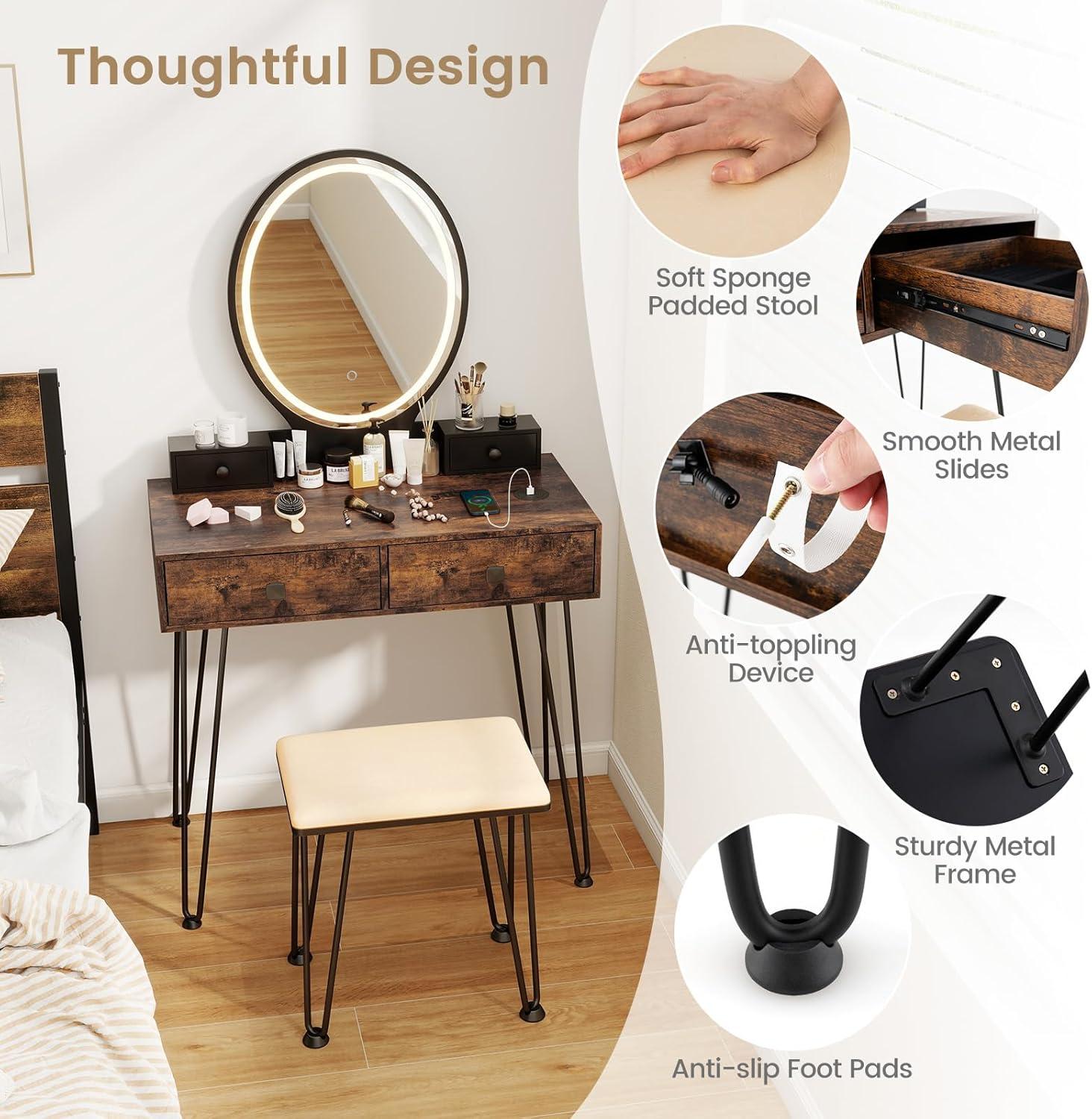 image:imageCHARMAID Makeup Vanity Table with Lighted Mirror 3 Lighting Sets Adjustable Brightness 2 Large Drawers Acrylic Storage Boxes Girls Bedroom Dressing Table Vanity Set with Stool Rustic BrownRustic Brown