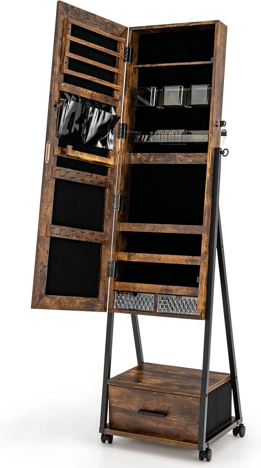 image:imageCHARMAID Rolling Jewelry Cabinet with Full Length Mirror Lockable Standing Jewelry Armoire with Wheels Steel Legs Lipstick Brush Storage Jewelry Organizer Box with Drawers Rustic BrownRustic Brown