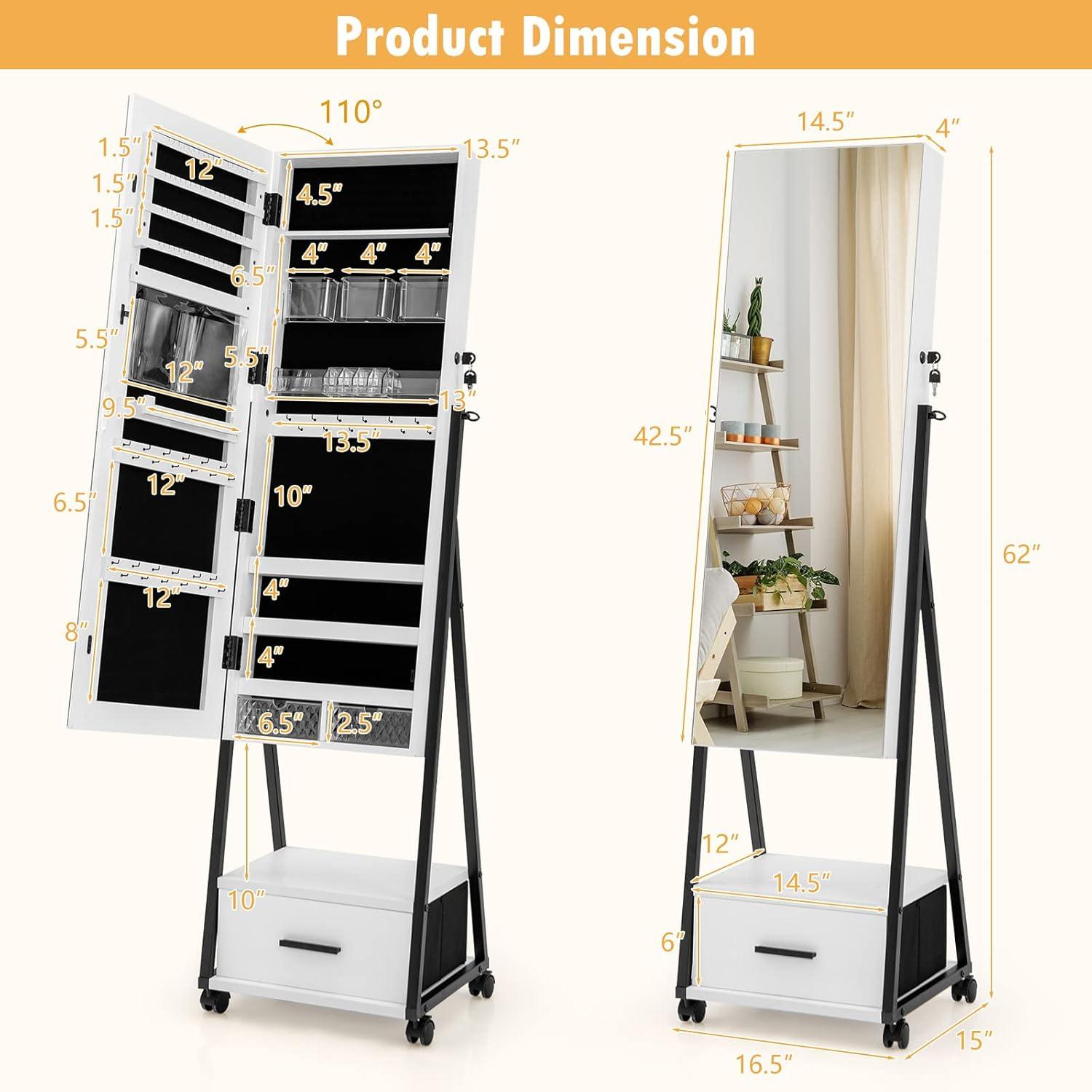 image:imageCHARMAID Rolling Jewelry Cabinet with Full Length Mirror Lockable Standing Jewelry Armoire with Wheels Steel Legs Lipstick Brush Storage Jewelry Organizer Box with Drawers Rustic BrownWhite