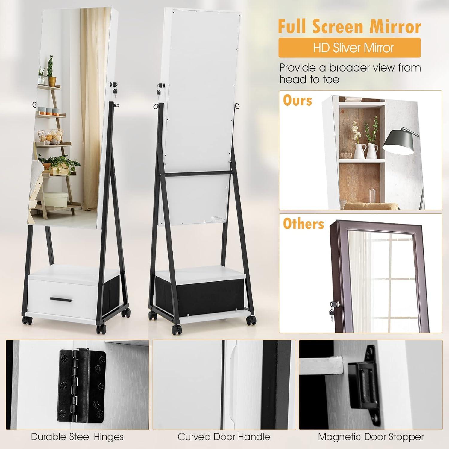 image:imageCHARMAID Rolling Jewelry Cabinet with Full Length Mirror Lockable Standing Jewelry Armoire with Wheels Steel Legs Lipstick Brush Storage Jewelry Organizer Box with Drawers Rustic BrownWhite