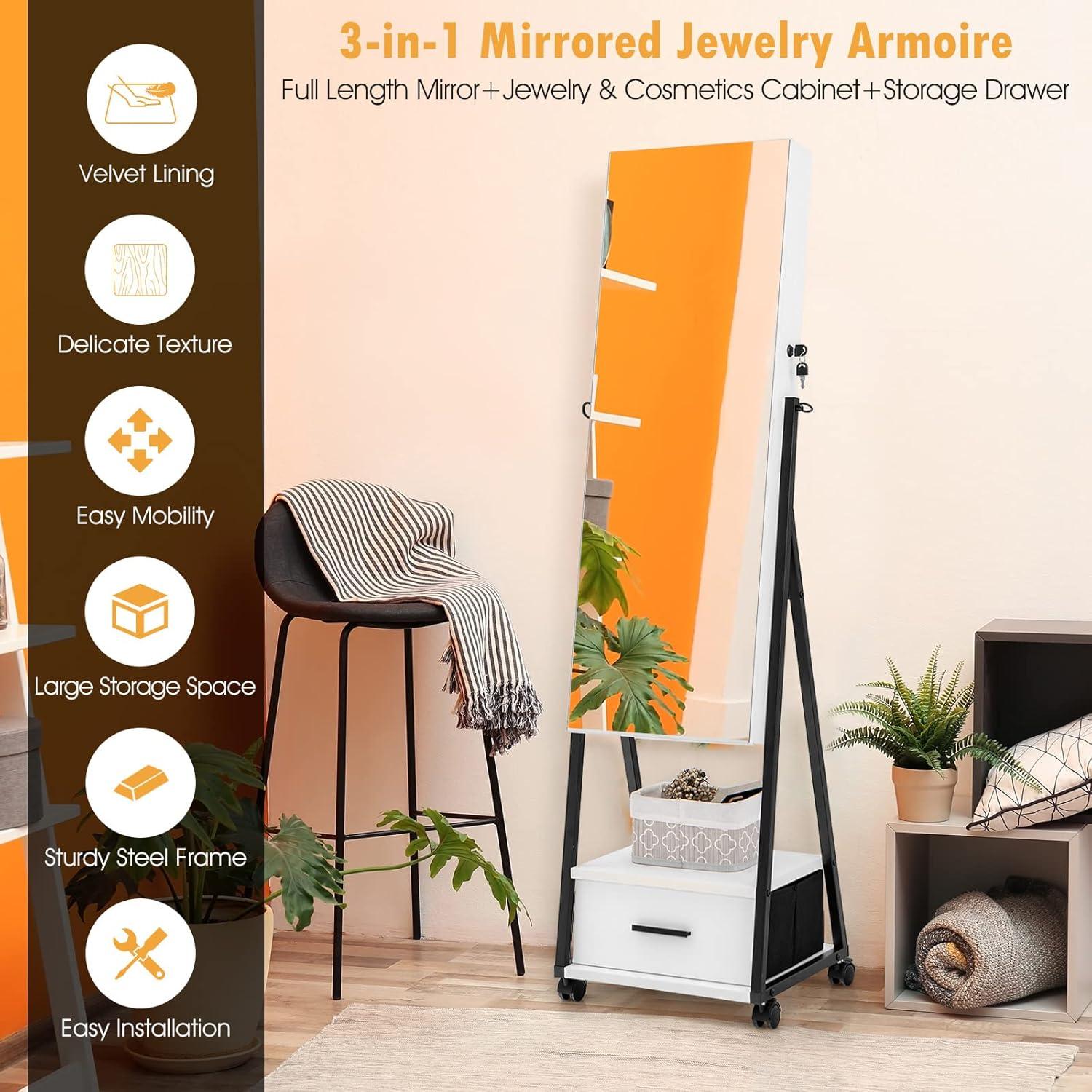 image:imageCHARMAID Rolling Jewelry Cabinet with Full Length Mirror Lockable Standing Jewelry Armoire with Wheels Steel Legs Lipstick Brush Storage Jewelry Organizer Box with Drawers Rustic BrownWhite