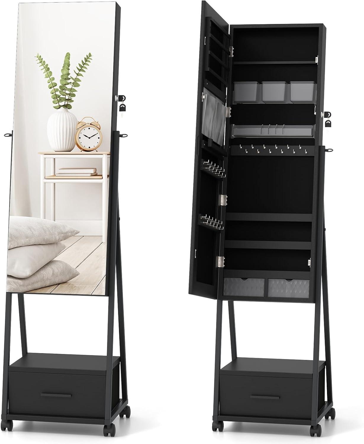 image:imageCHARMAID Rolling Jewelry Cabinet with Full Length Mirror Lockable Standing Jewelry Armoire with Wheels Steel Legs Lipstick Brush Storage Jewelry Organizer Box with Drawers Rustic BrownBlack