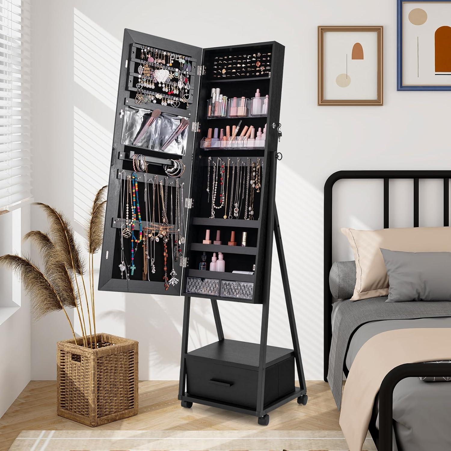 image:imageCHARMAID Rolling Jewelry Cabinet with Full Length Mirror Lockable Standing Jewelry Armoire with Wheels Steel Legs Lipstick Brush Storage Jewelry Organizer Box with Drawers Rustic BrownBlack