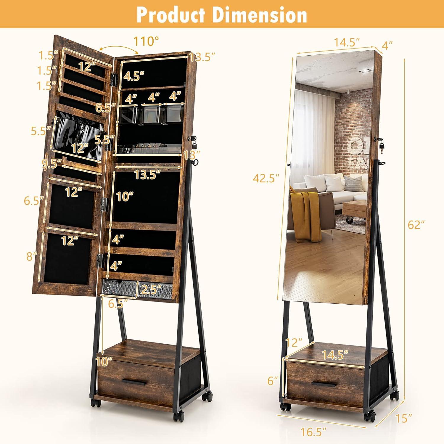 image:imageCHARMAID Rolling Jewelry Cabinet with Full Length Mirror Lockable Standing Jewelry Armoire with Wheels Steel Legs Lipstick Brush Storage Jewelry Organizer Box with Drawers Rustic BrownRustic Brown