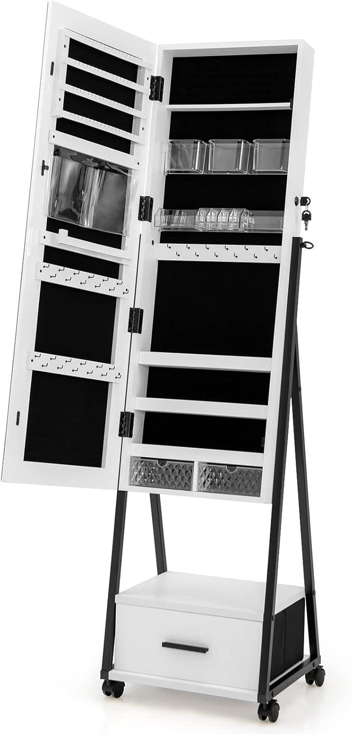 image:imageCHARMAID Rolling Jewelry Cabinet with Full Length Mirror Lockable Standing Jewelry Armoire with Wheels Steel Legs Lipstick Brush Storage Jewelry Organizer Box with Drawers Rustic BrownWhite