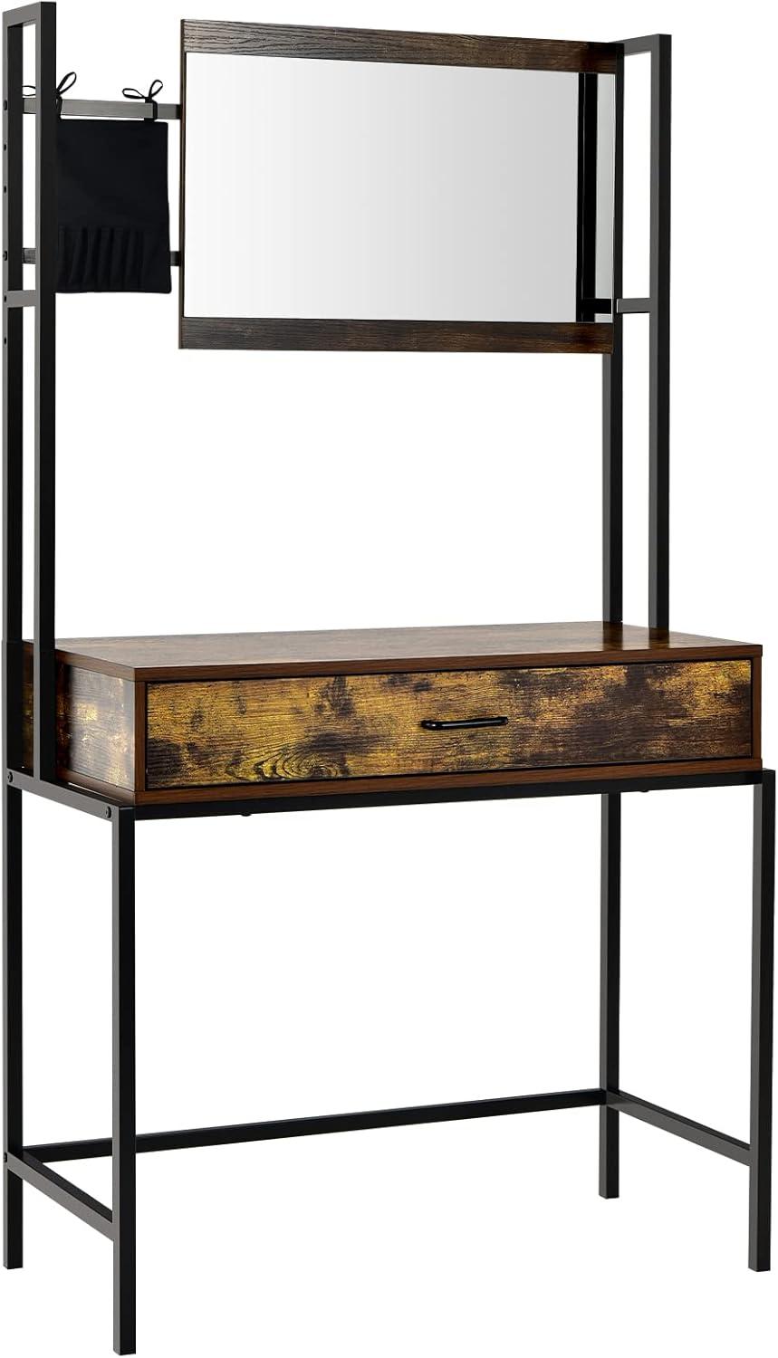 image:imageCHARMAID Rustic Vanity Table with 3Height Adjustable Left or Right Mirror Large Drawer Cosmetic Brush Storage Bag Included Sturdy Metal Frame Industrial Style Makeup Dressing Table Writing Desk