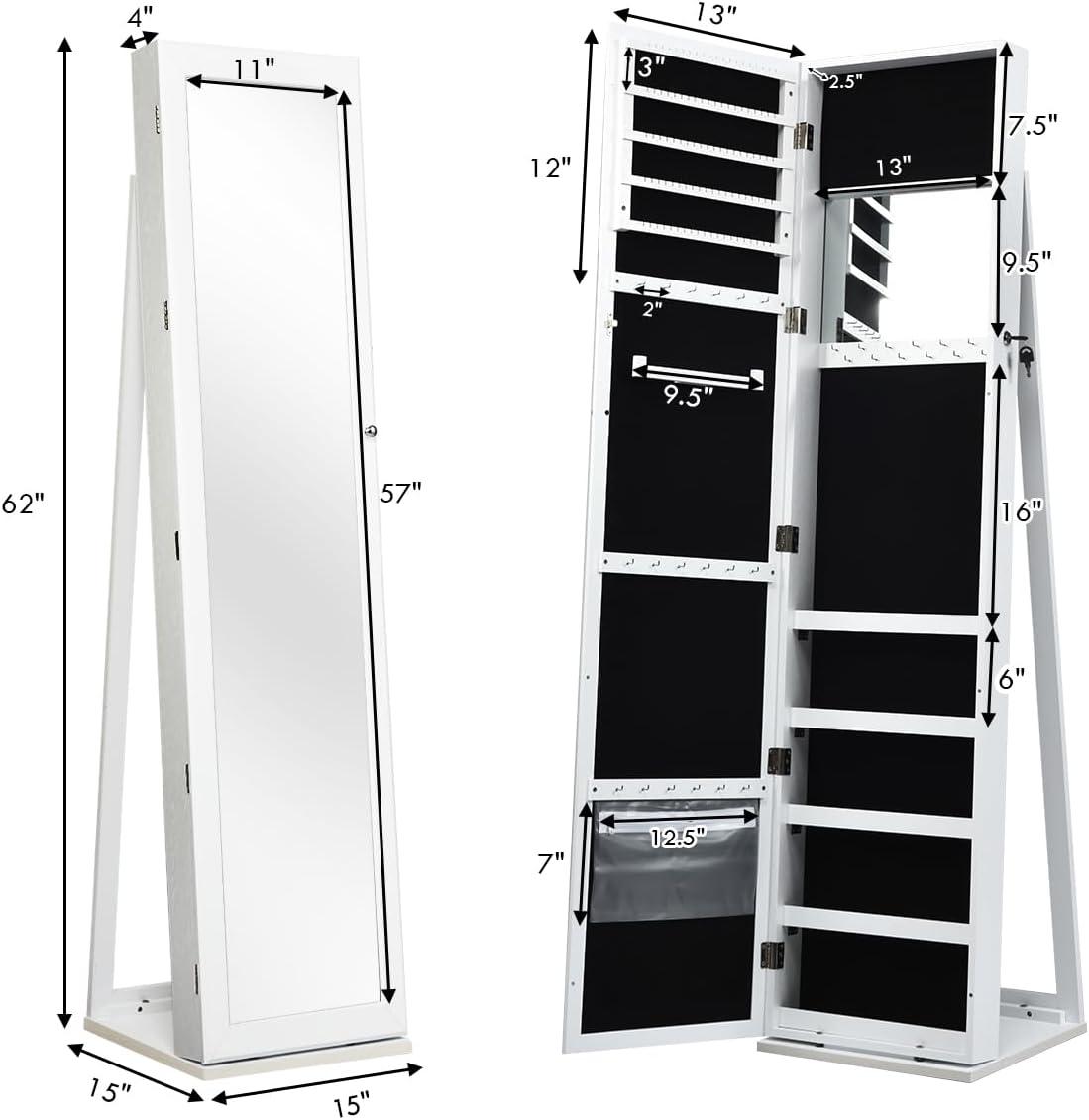 image:imageCHARMAID Standing Jewelry Armoire with Tall Full Length Mirror 2in1 Lockable Jewelry Cabinet Organizer with Large Storage Capacity Inside Makeup Mirror Stable Base Easy Assembly WhiteWhite