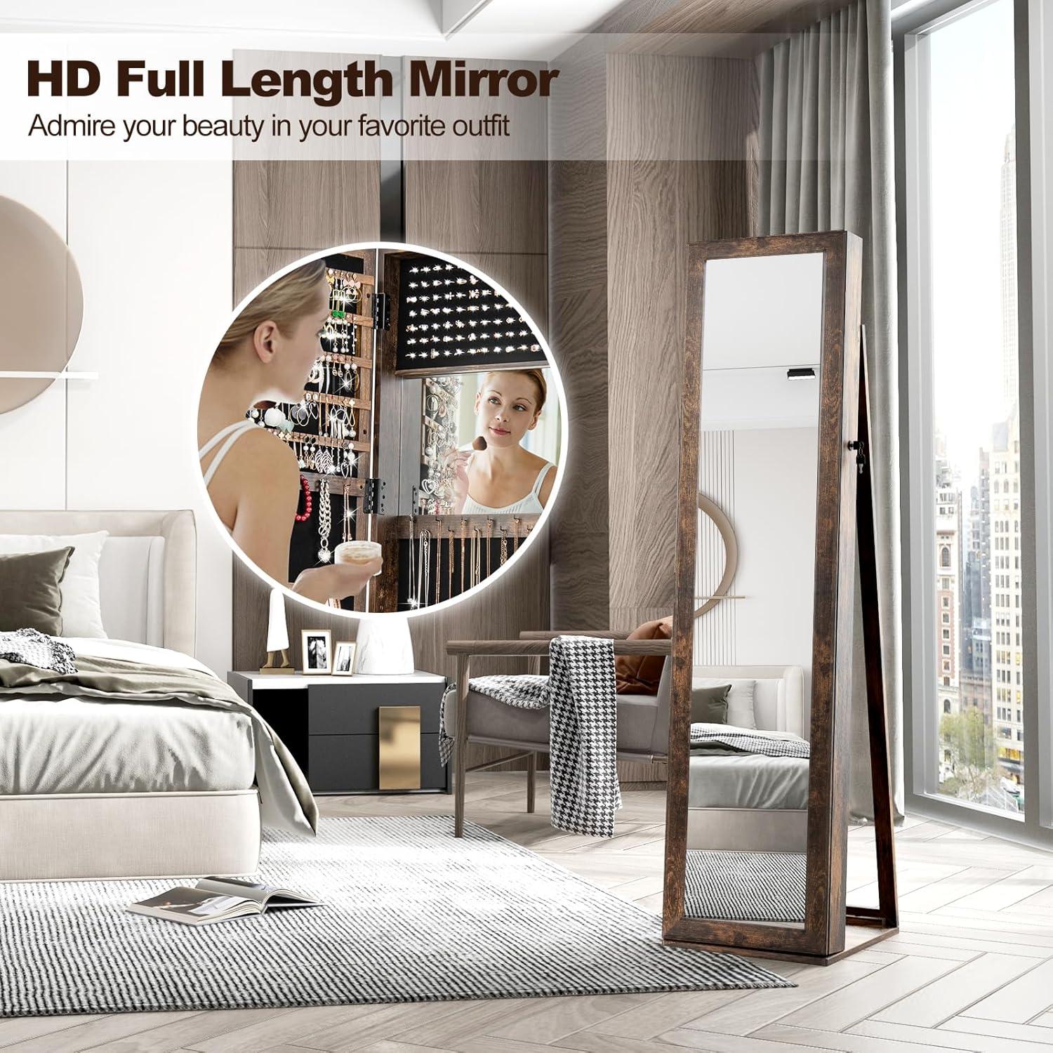 image:imageCHARMAID Standing Jewelry Armoire with Tall Full Length Mirror 2in1 Lockable Jewelry Cabinet Organizer with Large Storage Capacity Inside Makeup Mirror Stable Base Easy Assembly WhiteRustic Brown