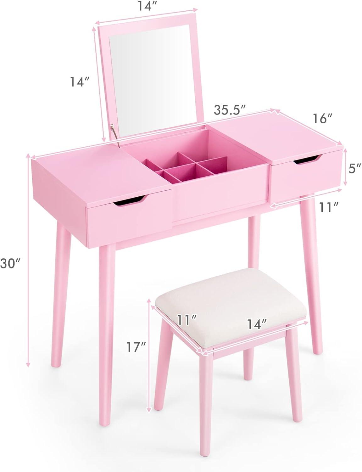 image:imageCHARMAID Vanity Set with Flip Top Mirror 2 Drawers and 9 Storage Compartments Removable Dividers Cushioned Stool Writing Desk Makeup Dressing Table for Kids Girls Women Easy Assembly PinkPink