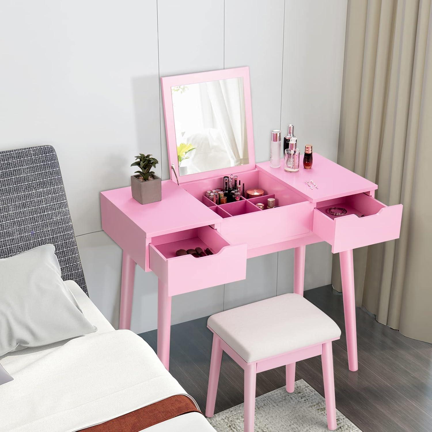 image:imageCHARMAID Vanity Set with Flip Top Mirror 2 Drawers and 9 Storage Compartments Removable Dividers Cushioned Stool Writing Desk Makeup Dressing Table for Kids Girls Women Easy Assembly PinkPink