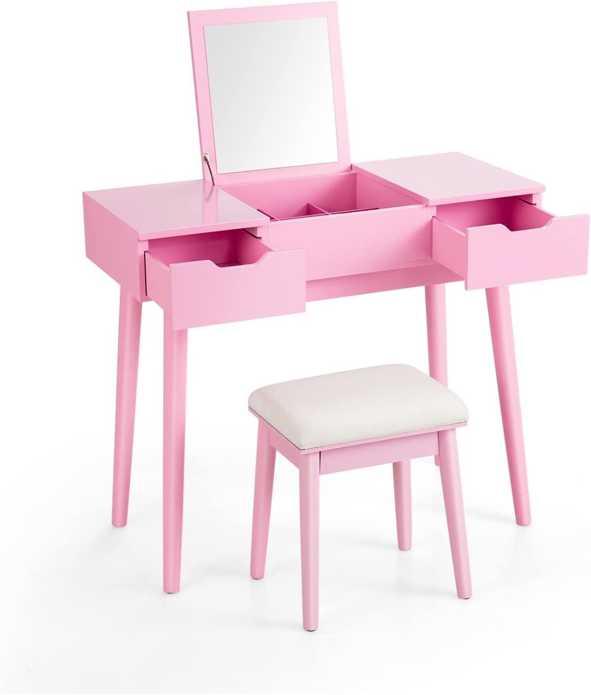 image:imageCHARMAID Vanity Set with Flip Top Mirror 2 Drawers and 9 Storage Compartments Removable Dividers Cushioned Stool Writing Desk Makeup Dressing Table for Kids Girls Women Easy Assembly PinkPink