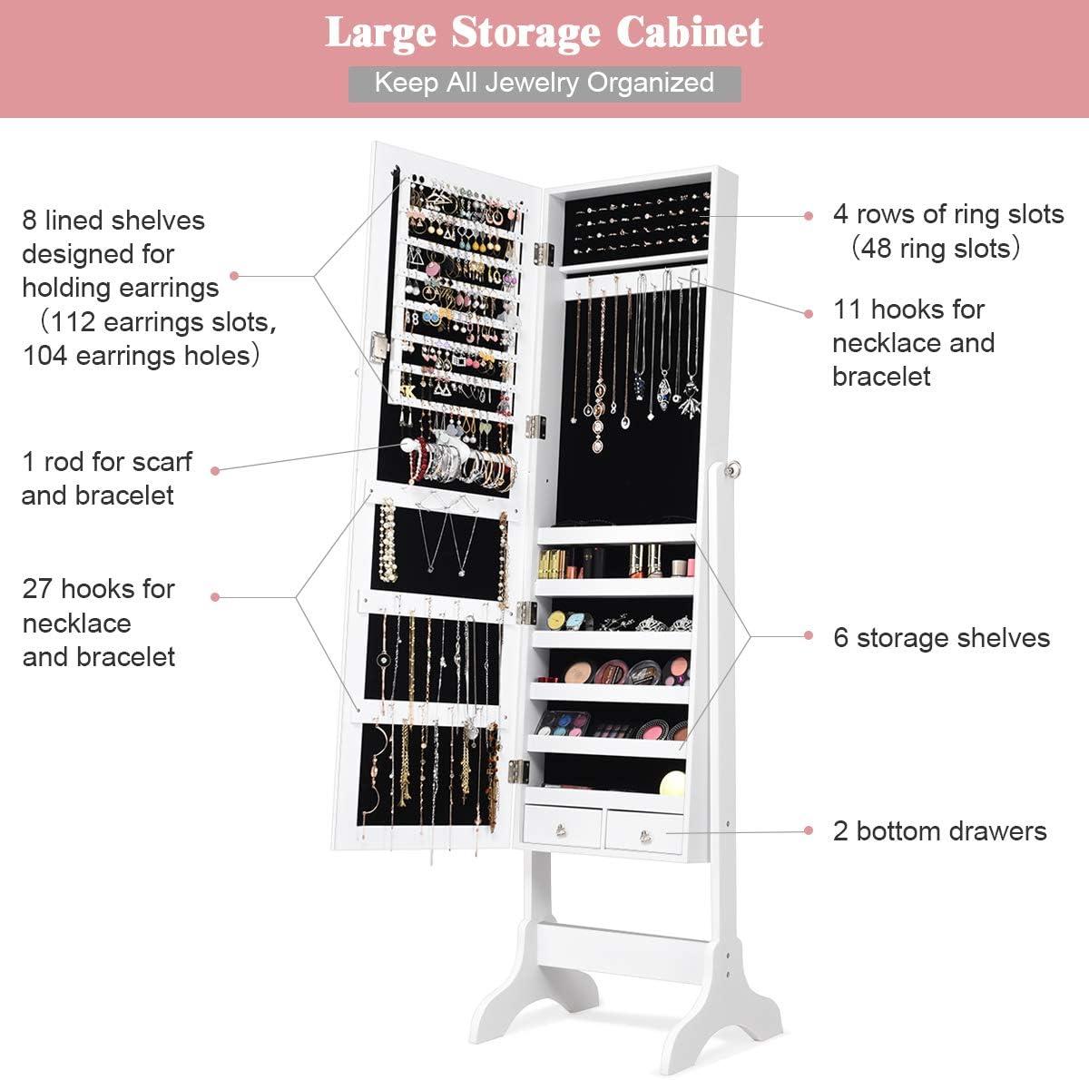 image:imageGiantex 2 LEDs Standing Jewelry Cabinet with Full Length Mirror Lockable Mirrored Jewelry Armoire with 2 Drawers 4 Adjustable Angles Jewelry Storage Organizer BrownWhite