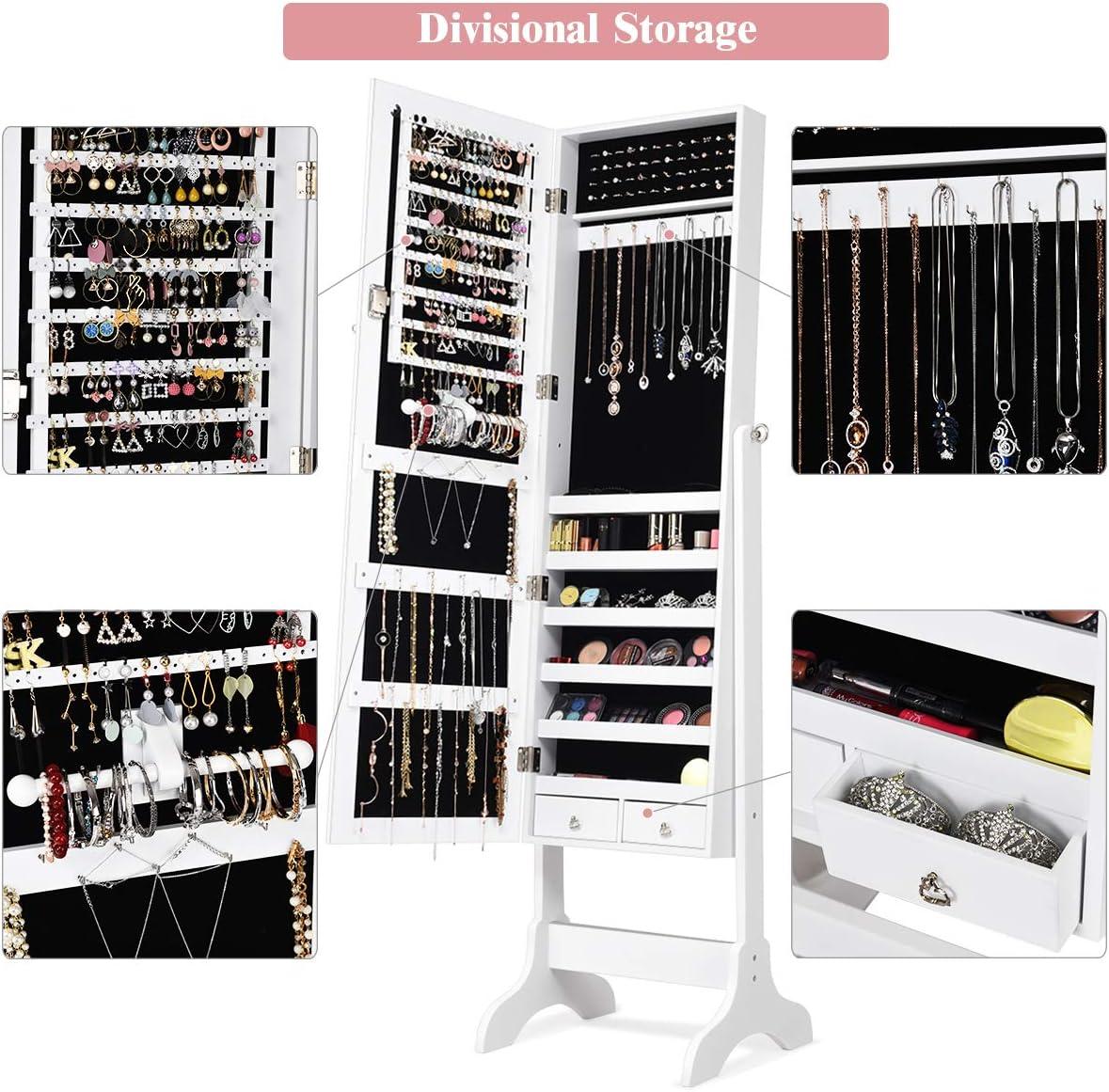 image:imageGiantex 2 LEDs Standing Jewelry Cabinet with Full Length Mirror Lockable Mirrored Jewelry Armoire with 2 Drawers 4 Adjustable Angles Jewelry Storage Organizer BrownWhite