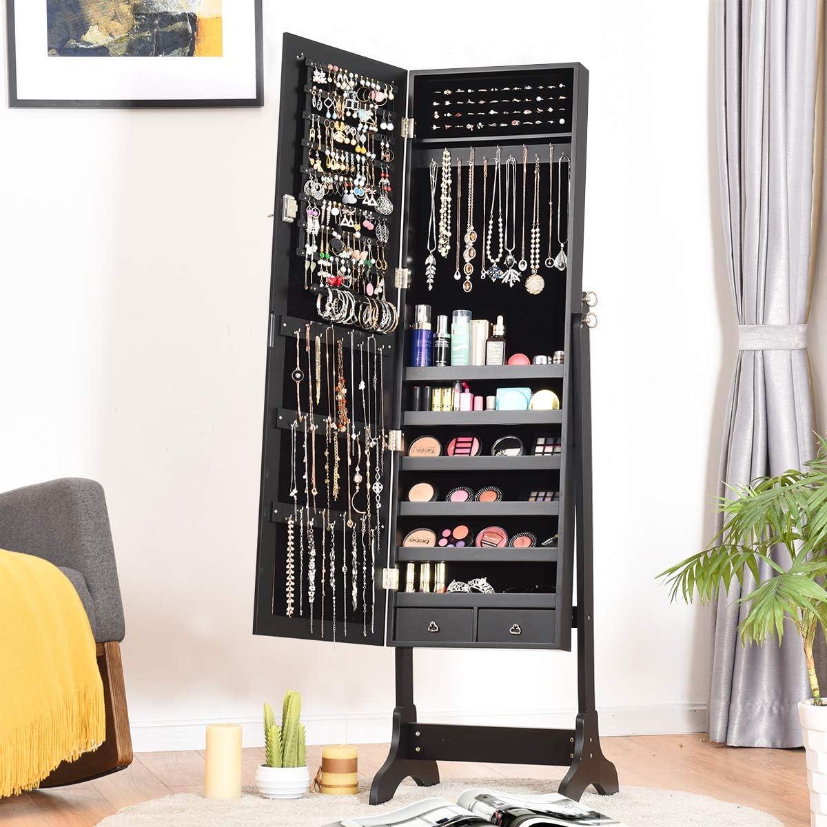 image:imageGiantex 2 LEDs Standing Jewelry Cabinet with Full Length Mirror Lockable Mirrored Jewelry Armoire with 2 Drawers 4 Adjustable Angles Jewelry Storage Organizer BrownBlack