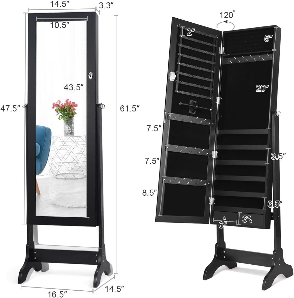 image:imageGiantex 2 LEDs Standing Jewelry Cabinet with Full Length Mirror Lockable Mirrored Jewelry Armoire with 2 Drawers 4 Adjustable Angles Jewelry Storage Organizer BrownBlack
