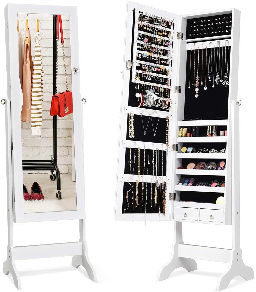 image:imageGiantex 2 LEDs Standing Jewelry Cabinet with Full Length Mirror Lockable Mirrored Jewelry Armoire with 2 Drawers 4 Adjustable Angles Jewelry Storage Organizer BrownWhite