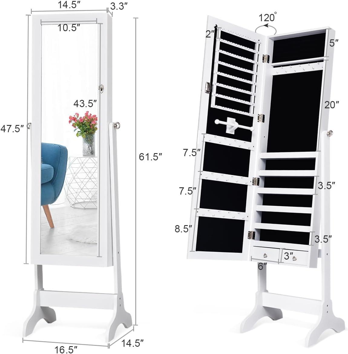 image:imageGiantex 2 LEDs Standing Jewelry Cabinet with Full Length Mirror Lockable Mirrored Jewelry Armoire with 2 Drawers 4 Adjustable Angles Jewelry Storage Organizer BrownWhite