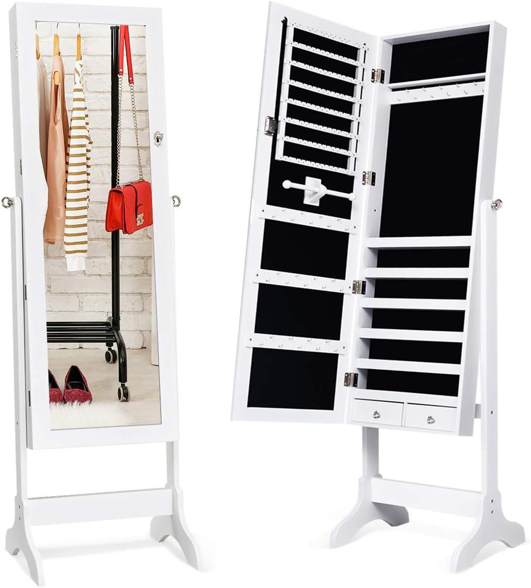 image:imageGiantex 2 LEDs Standing Jewelry Cabinet with Full Length Mirror Lockable Mirrored Jewelry Armoire with 2 Drawers 4 Adjustable Angles Jewelry Storage Organizer BrownWhite