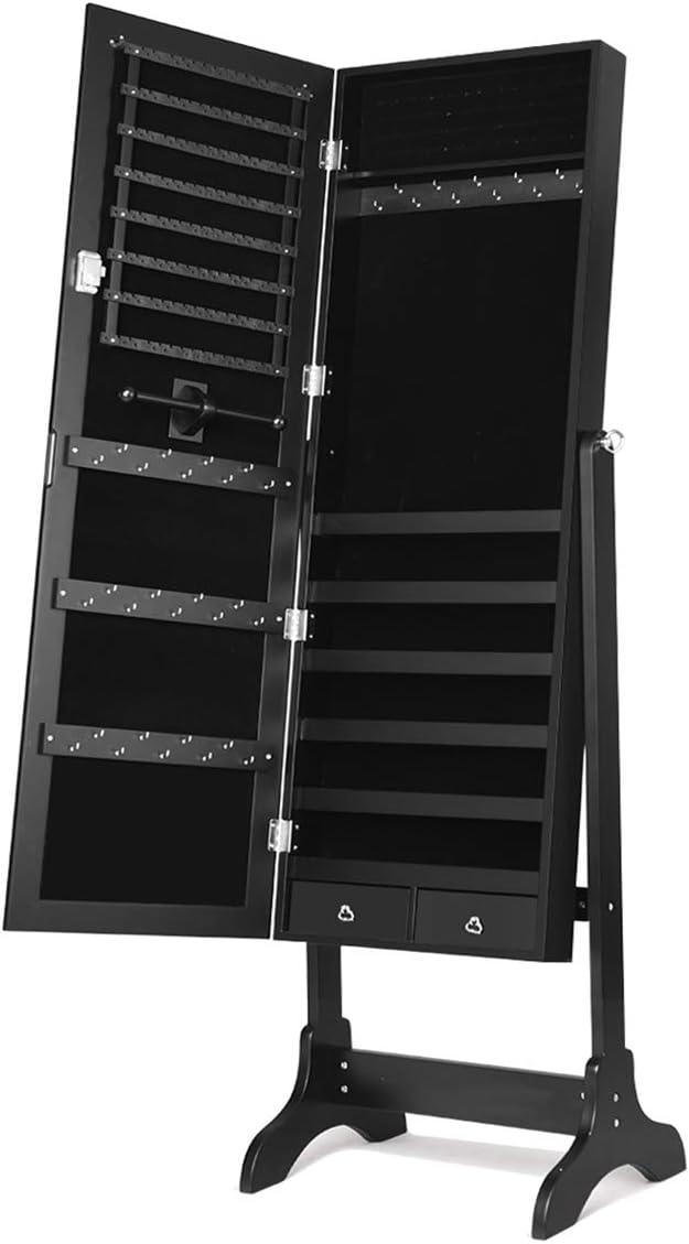 image:imageGiantex 2 LEDs Standing Jewelry Cabinet with Full Length Mirror Lockable Mirrored Jewelry Armoire with 2 Drawers 4 Adjustable Angles Jewelry Storage Organizer BrownBlack
