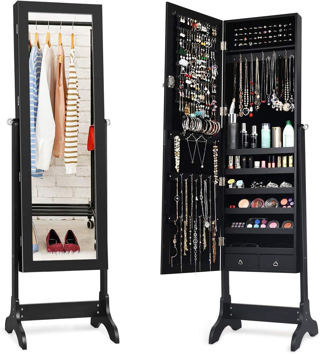 image:imageGiantex 2 LEDs Standing Jewelry Cabinet with Full Length Mirror Lockable Mirrored Jewelry Armoire with 2 Drawers 4 Adjustable Angles Jewelry Storage Organizer BrownBlack