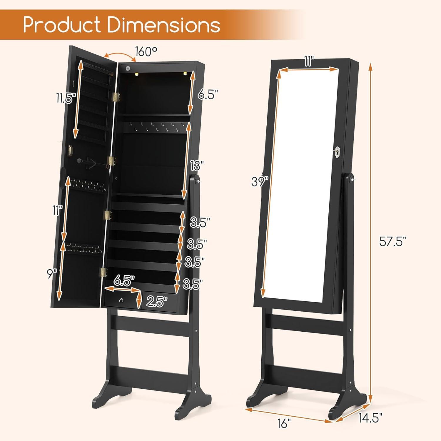 image:imageGiantex 2 LEDs Standing Jewelry Cabinet with Full Length Mirror Lockable Mirrored Jewelry Armoire with 2 Drawers 4 Adjustable Angles Jewelry Storage Organizer BrownBlack