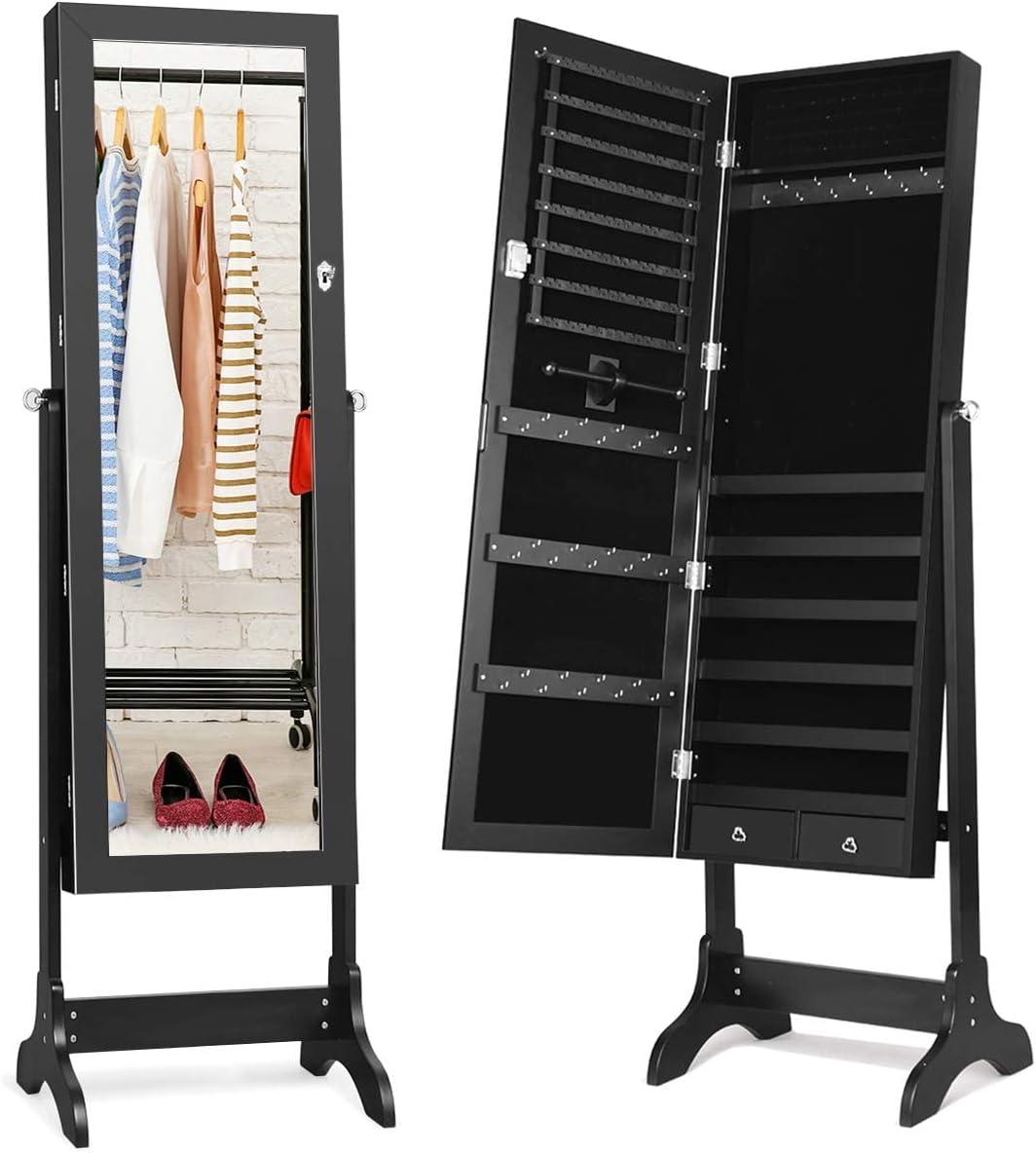 image:imageGiantex 2 LEDs Standing Jewelry Cabinet with Full Length Mirror Lockable Mirrored Jewelry Armoire with 2 Drawers 4 Adjustable Angles Jewelry Storage Organizer BrownBlack