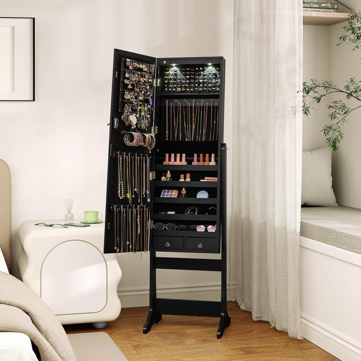 image:imageGiantex 2 LEDs Standing Jewelry Cabinet with Full Length Mirror Lockable Mirrored Jewelry Armoire with 2 Drawers 4 Adjustable Angles Jewelry Storage Organizer BrownBlack