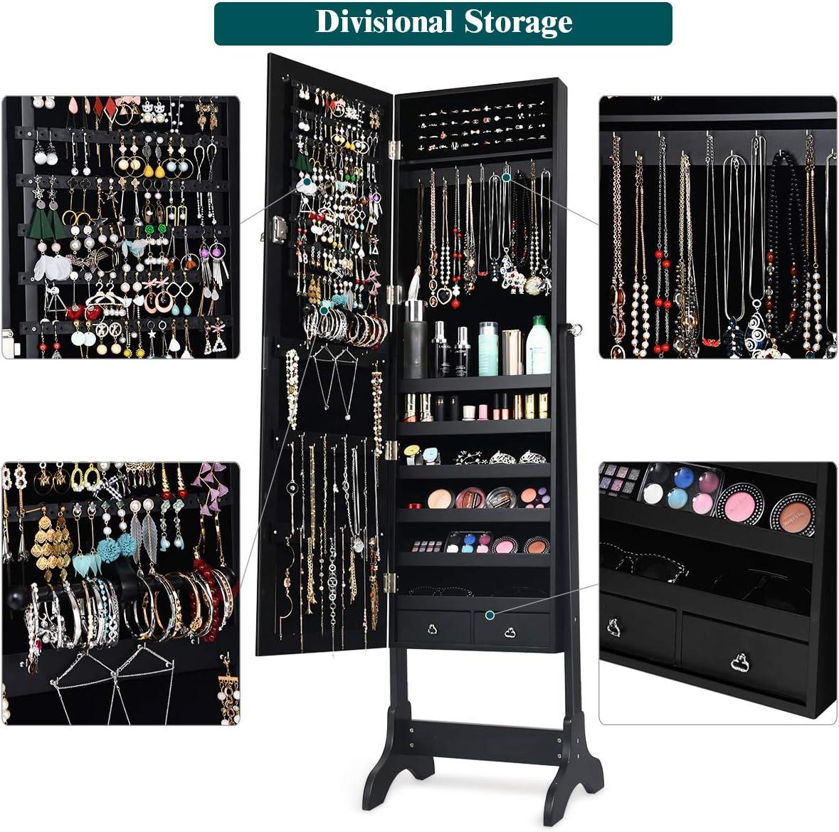image:imageGiantex 2 LEDs Standing Jewelry Cabinet with Full Length Mirror Lockable Mirrored Jewelry Armoire with 2 Drawers 4 Adjustable Angles Jewelry Storage Organizer BrownBlack