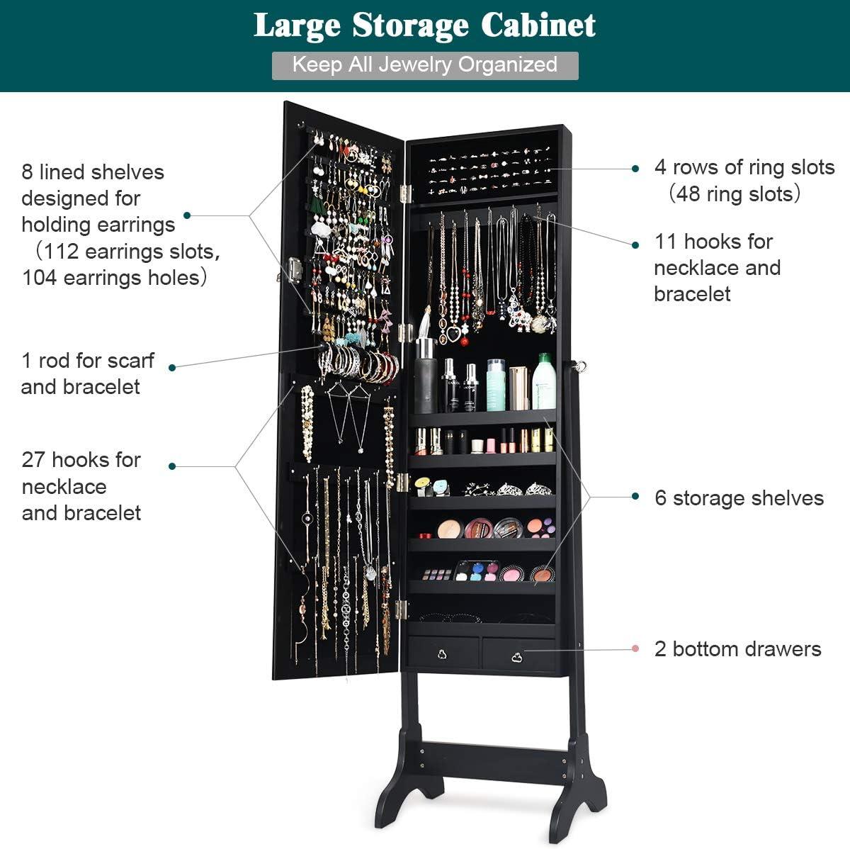 image:imageGiantex 2 LEDs Standing Jewelry Cabinet with Full Length Mirror Lockable Mirrored Jewelry Armoire with 2 Drawers 4 Adjustable Angles Jewelry Storage Organizer BrownBlack