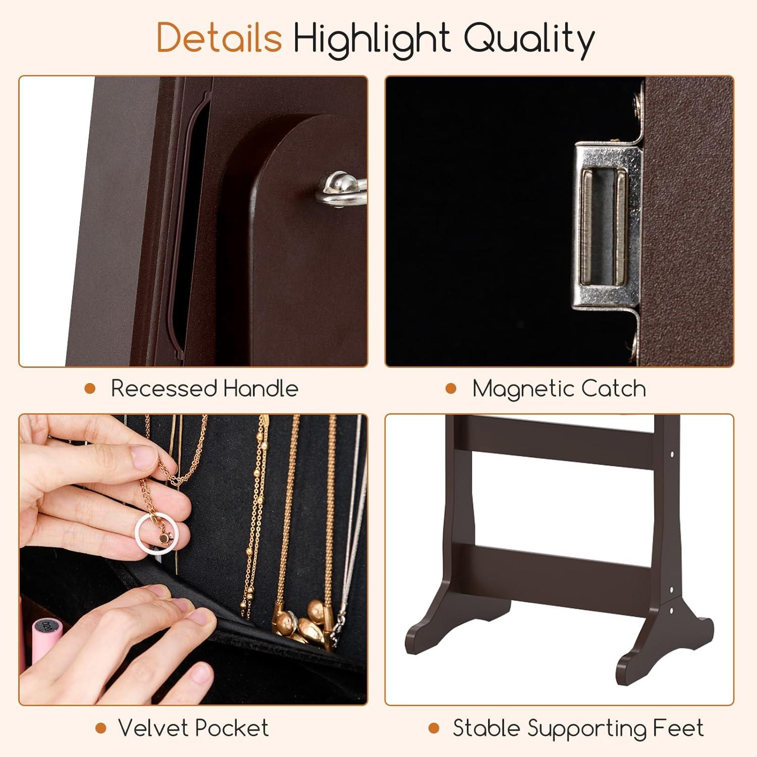 image:imageGiantex 2 LEDs Standing Jewelry Cabinet with Full Length Mirror Lockable Mirrored Jewelry Armoire with 2 Drawers 4 Adjustable Angles Jewelry Storage Organizer BrownBrown