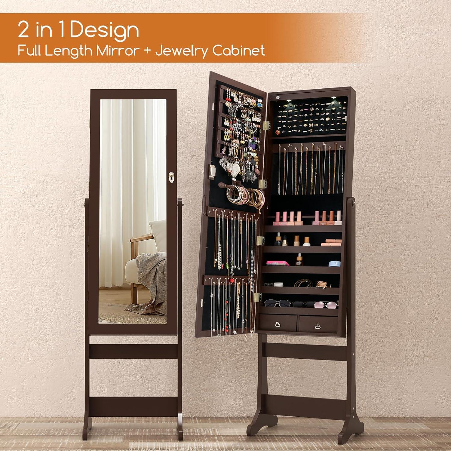 image:imageGiantex 2 LEDs Standing Jewelry Cabinet with Full Length Mirror Lockable Mirrored Jewelry Armoire with 2 Drawers 4 Adjustable Angles Jewelry Storage Organizer BrownBrown