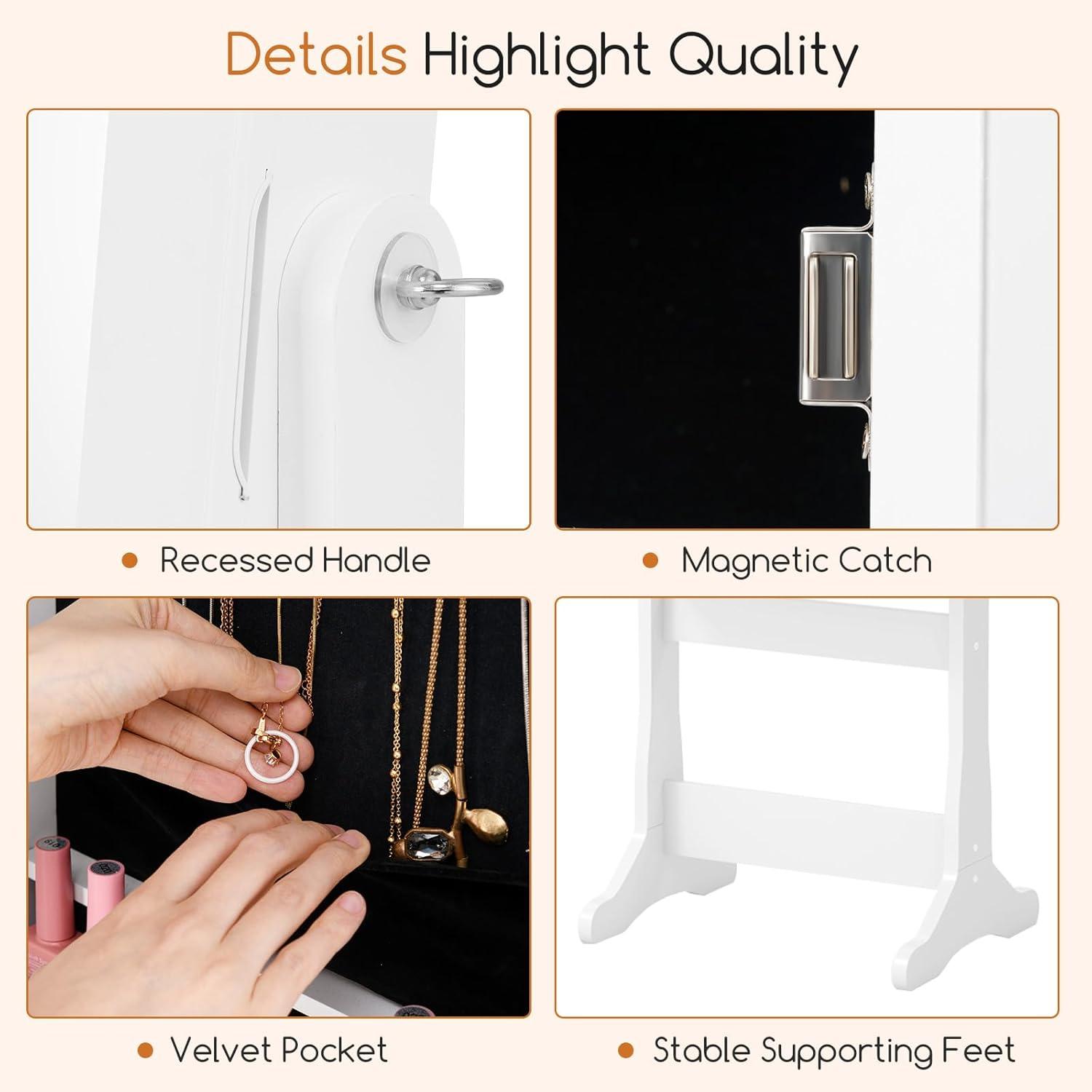 image:imageGiantex 2 LEDs Standing Jewelry Cabinet with Full Length Mirror Lockable Mirrored Jewelry Armoire with 2 Drawers 4 Adjustable Angles Jewelry Storage Organizer BrownWhite