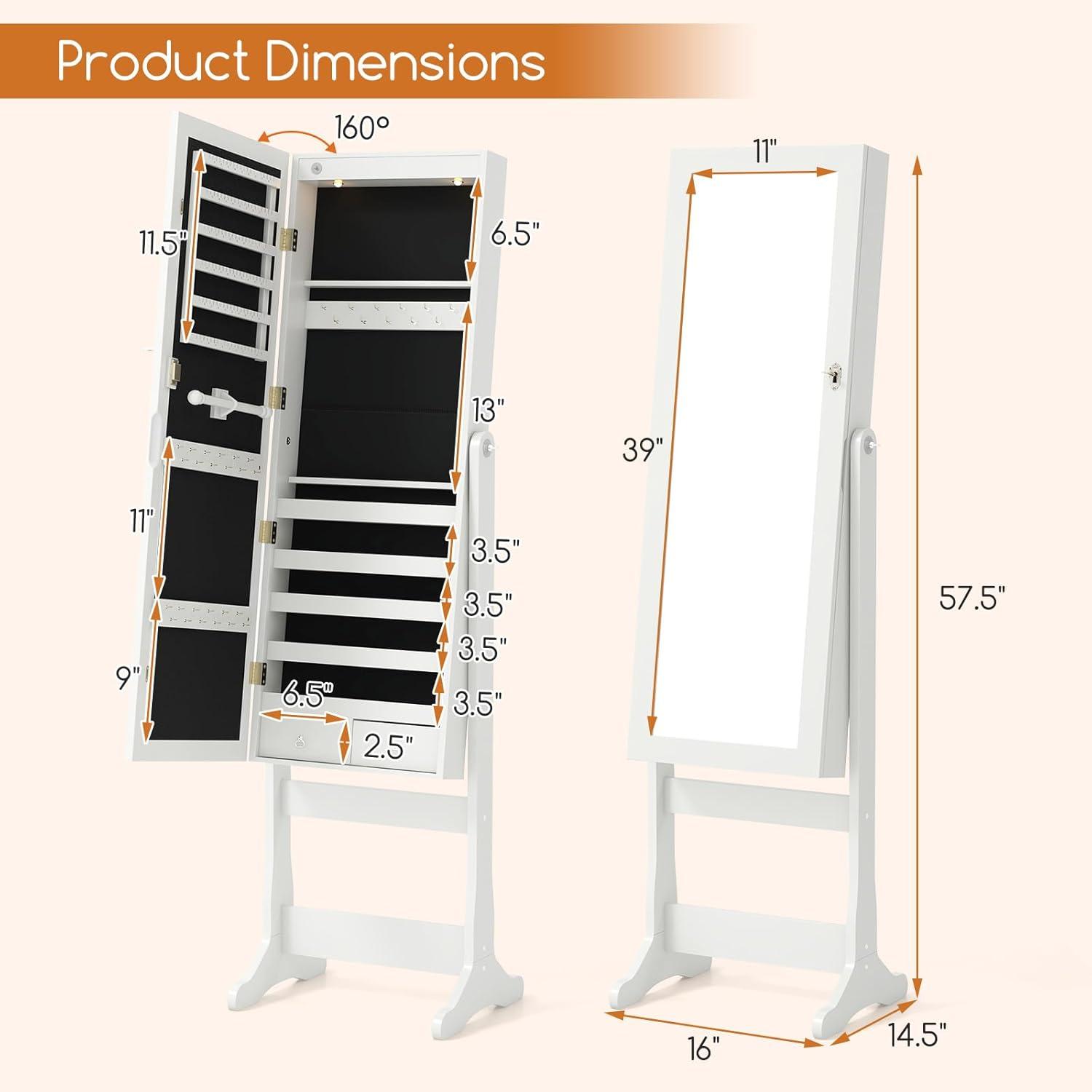 image:imageGiantex 2 LEDs Standing Jewelry Cabinet with Full Length Mirror Lockable Mirrored Jewelry Armoire with 2 Drawers 4 Adjustable Angles Jewelry Storage Organizer BrownWhite