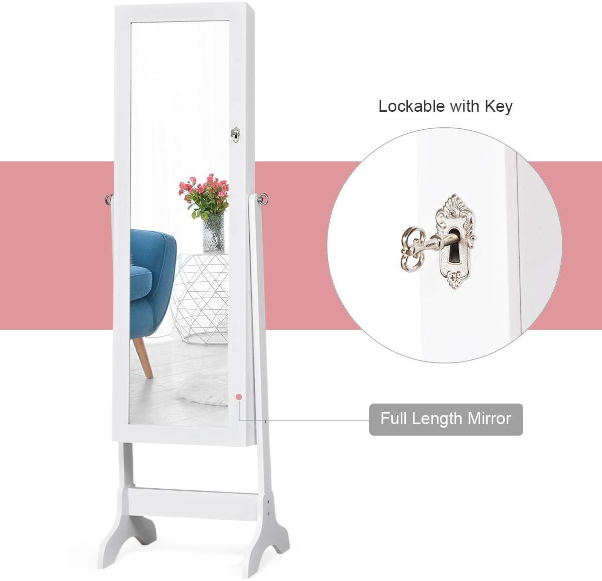 image:imageGiantex 2 LEDs Standing Jewelry Cabinet with Full Length Mirror Lockable Mirrored Jewelry Armoire with 2 Drawers 4 Adjustable Angles Jewelry Storage Organizer BrownWhite