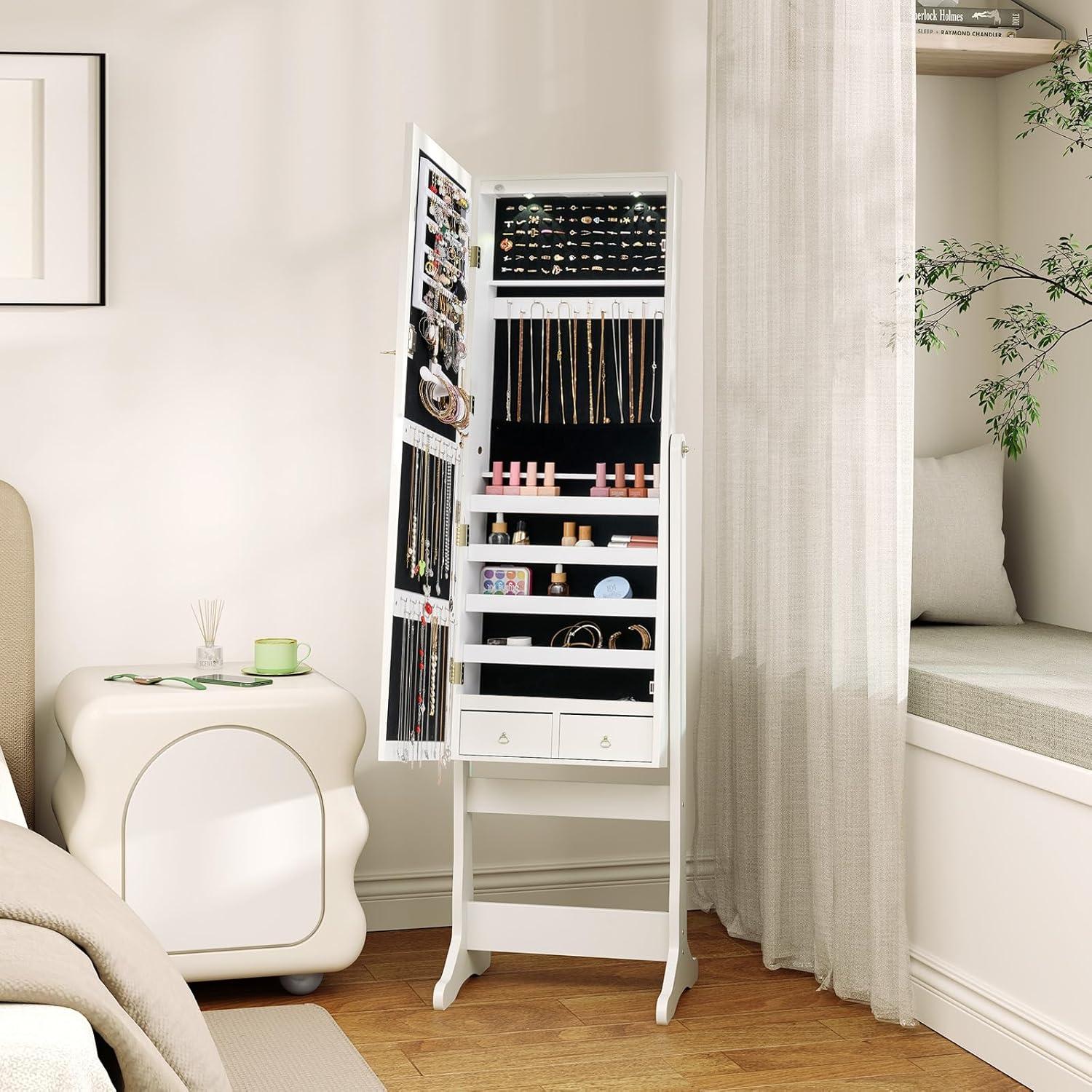 image:imageGiantex 2 LEDs Standing Jewelry Cabinet with Full Length Mirror Lockable Mirrored Jewelry Armoire with 2 Drawers 4 Adjustable Angles Jewelry Storage Organizer BrownWhite