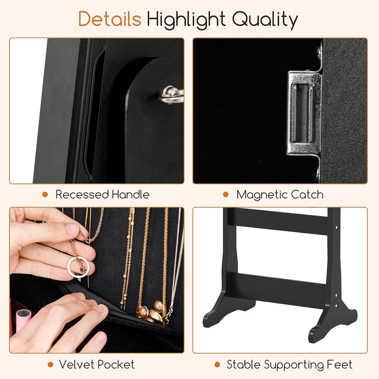 image:imageGiantex 2 LEDs Standing Jewelry Cabinet with Full Length Mirror Lockable Mirrored Jewelry Armoire with 2 Drawers 4 Adjustable Angles Jewelry Storage Organizer BrownBlack