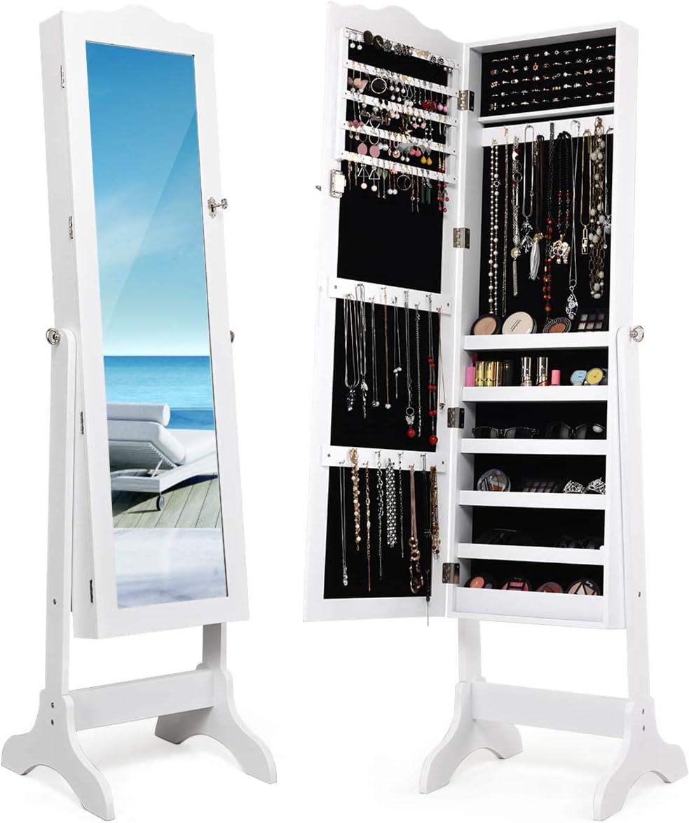 image:imageGiantex Jewelry Armoire Organizer with Full Length Mirror 14 LEDs Floor Standing Jewelry Cabinet with 2 Drawers 4 Adjustable Angles Lockable Jewelry Storage Box Cabinet BrownWhite