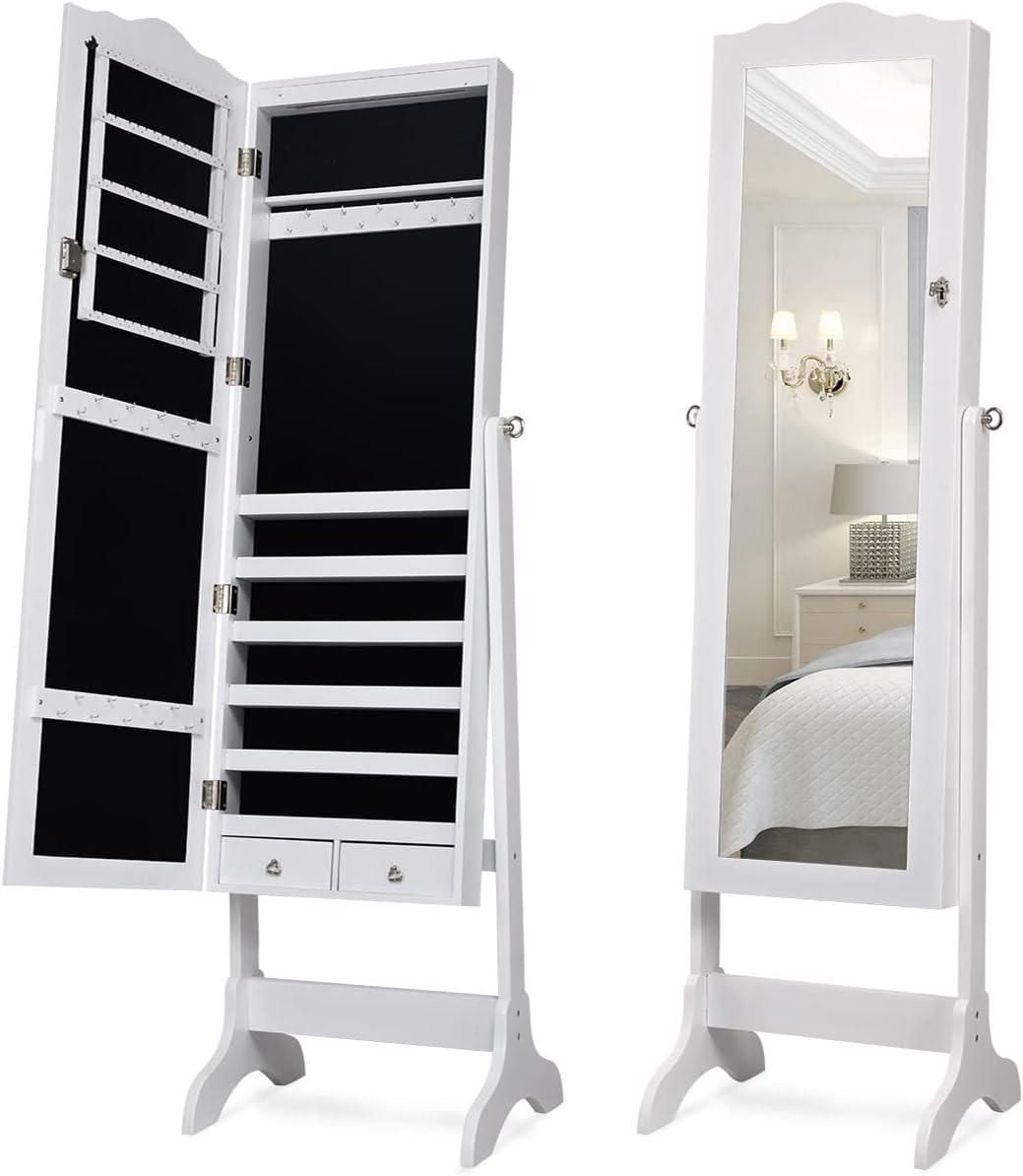 image:imageGiantex Jewelry Armoire Organizer with Full Length Mirror 14 LEDs Floor Standing Jewelry Cabinet with 2 Drawers 4 Adjustable Angles Lockable Jewelry Storage Box Cabinet BrownWhite